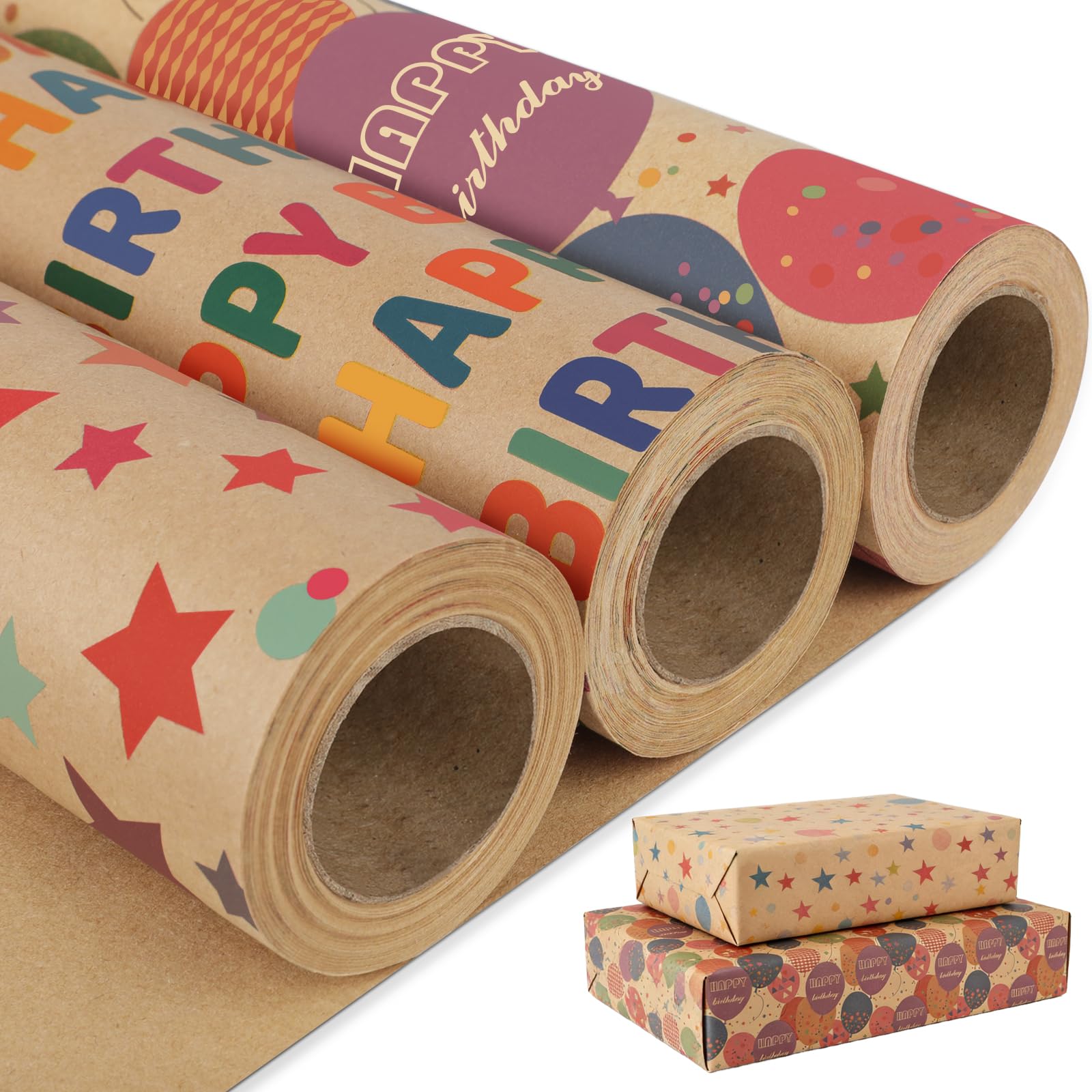 NESCCI Papel de regalo de cumpleaños, rollo de papel de regalo, papel de regalo kraft, 3 rollos de 17 pulgadas x 32.8 pies por rollo, colorido patrón de feliz cumpleaños para niños y niñas, perfecto