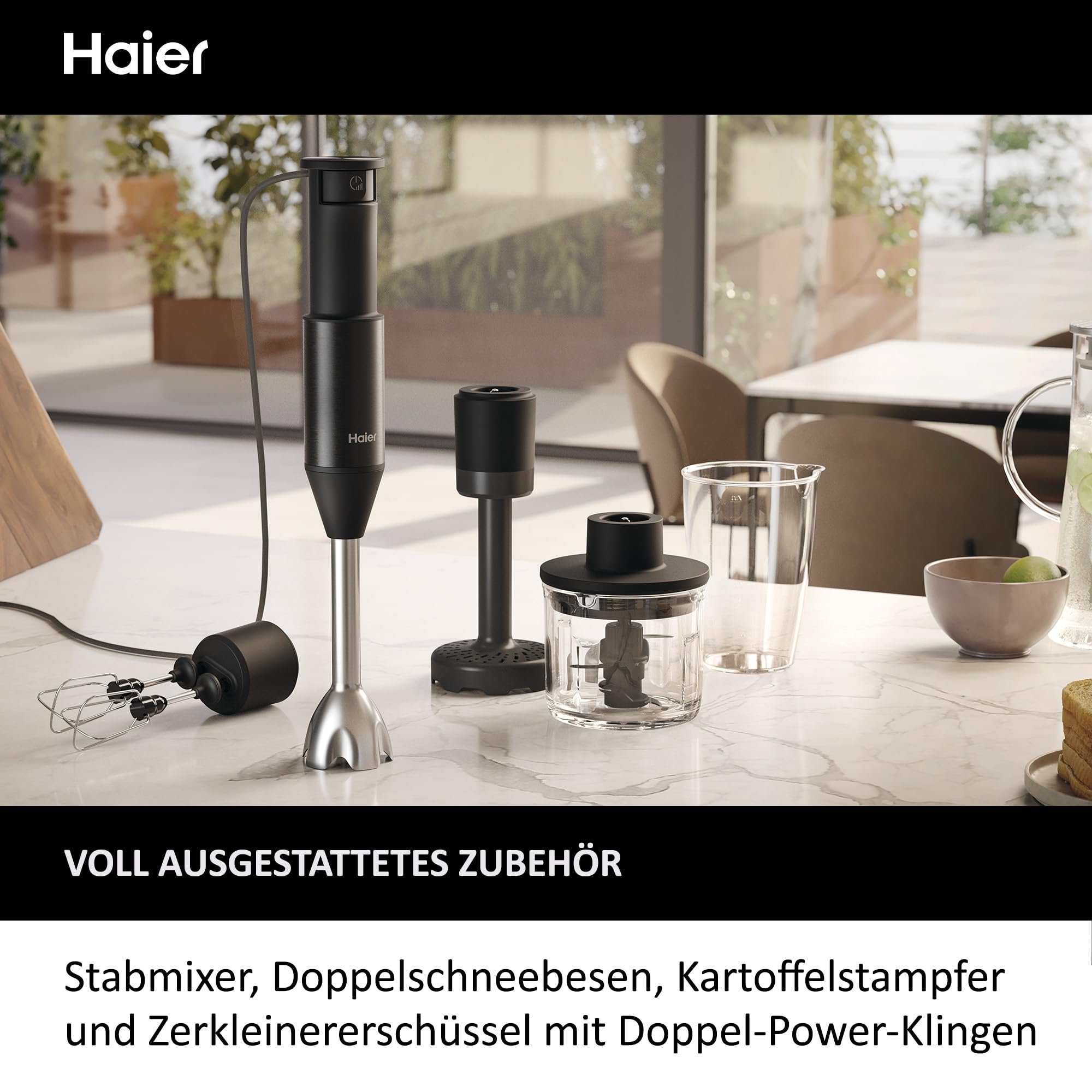 Haier Stabmixer 4-in-1 mit Messbecher, Quirl, Stampfer, Zerkleinerer I 1000W Pürierstab aus Edelstahl mit variabler Geschwindigkeit & 3 Klingen I abnehmbarer Fuß I Pulsfunktion [Serie 5 - HHB5B5]
