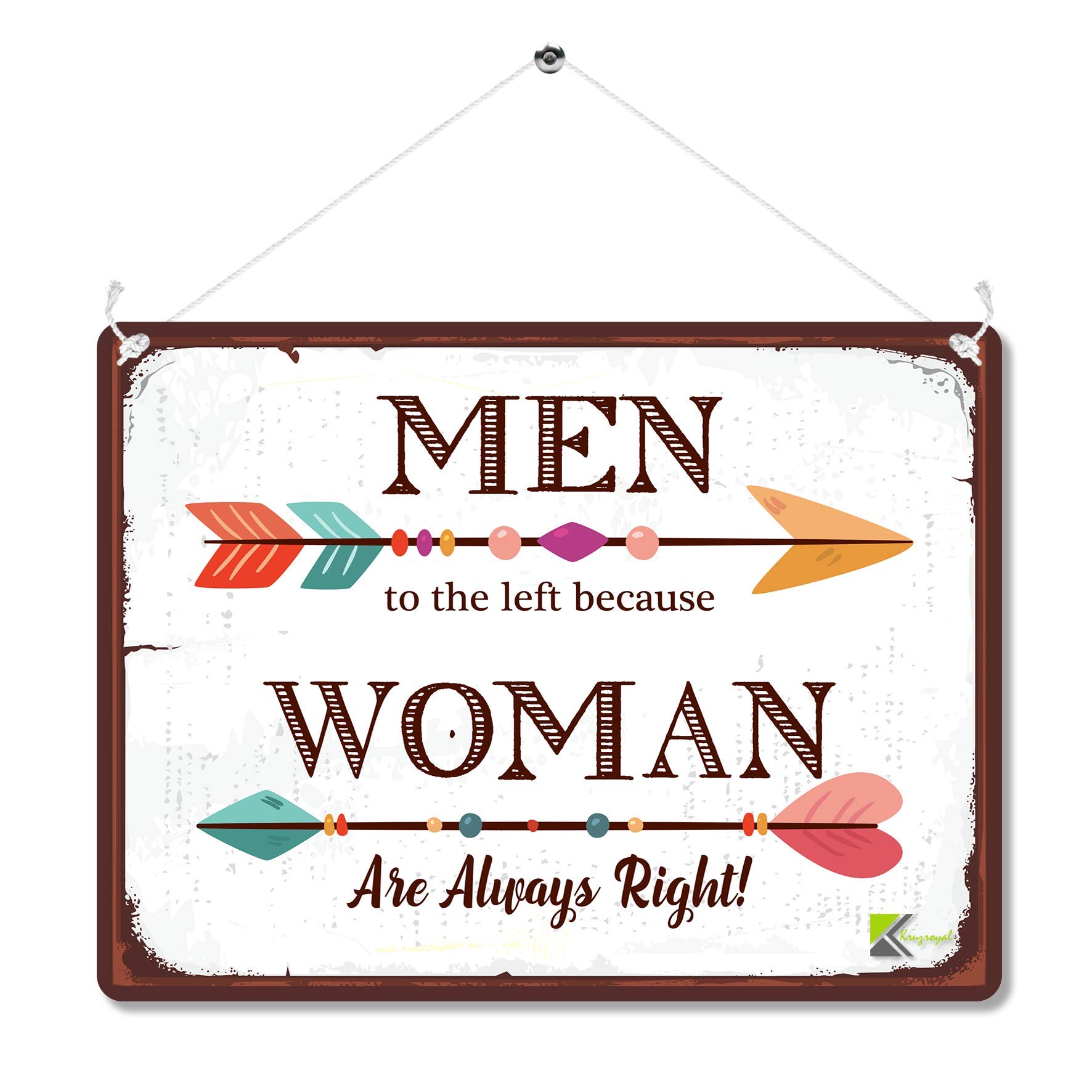 Kruzroyal Funny Boho Metal Wall Sign, Men To The Left Because Woman Are Always Right Novelty Plaque Gift, Humorous Retro Vintage Tin Decor for Bedroom or Door, 20x15cm with Hanging String