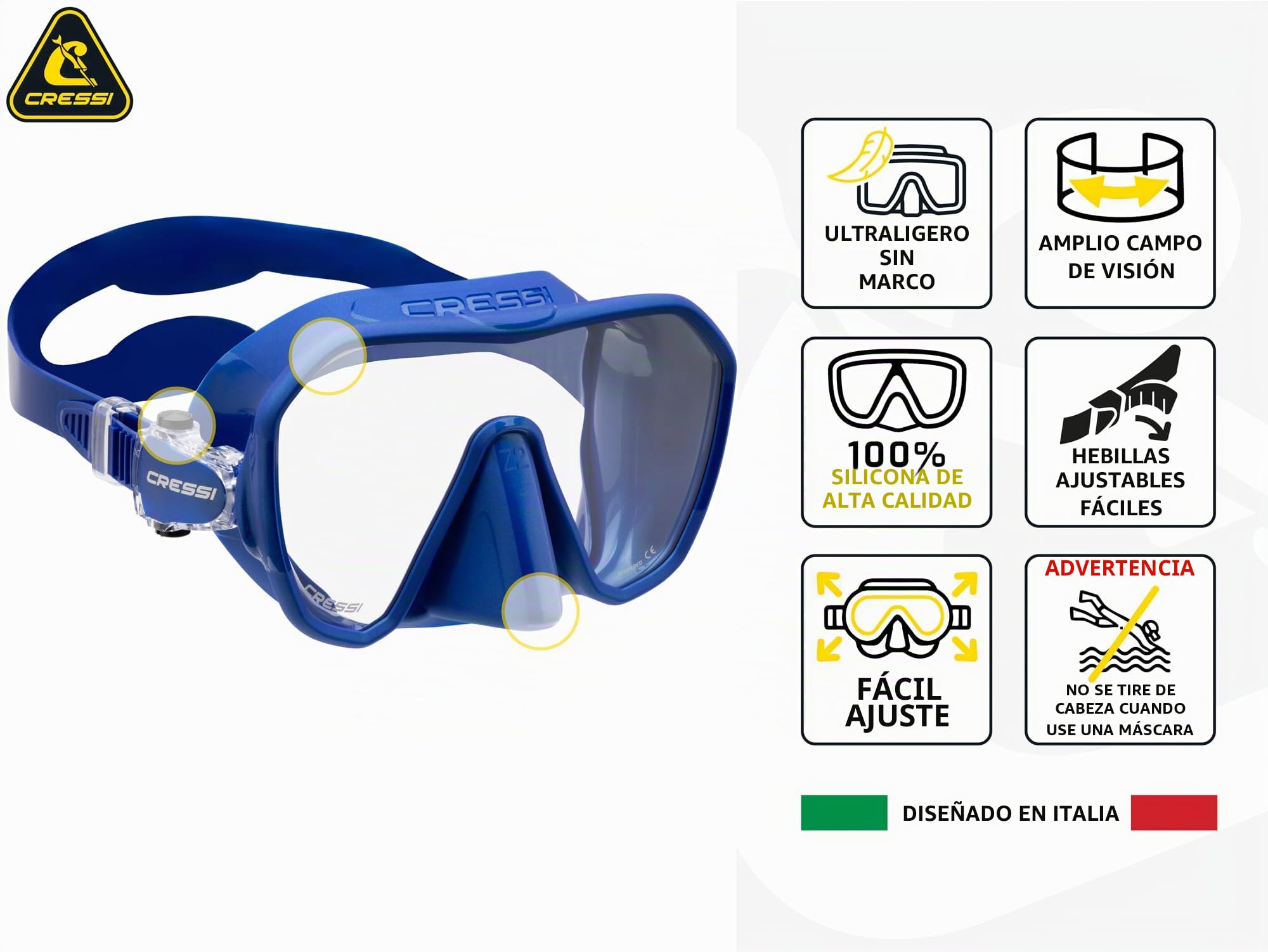 Cressi Máscara de buceo sin marco para adultos, lente mono de visión amplia, bajo volumen interno, silicona suave pura, Z2: diseñada en Italia por Cressi