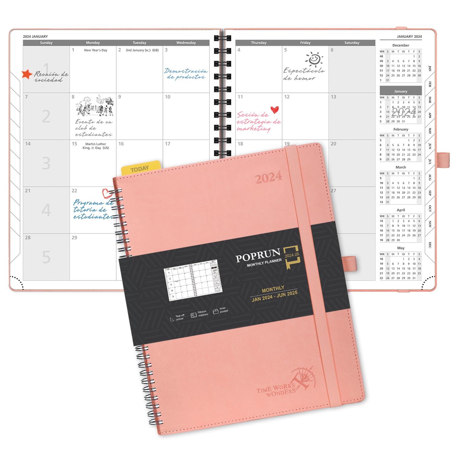 POPRUN Agenda 2024 2025 Mensual 26,5 x 21,5 cm, Agenda 2024 2025 Espiral 18 Meses de Ene.2024 - Jun.2025, Tapa Blanda, Cuero Vegano y Papel FSC®, Rosado (Versión Inglesa)
