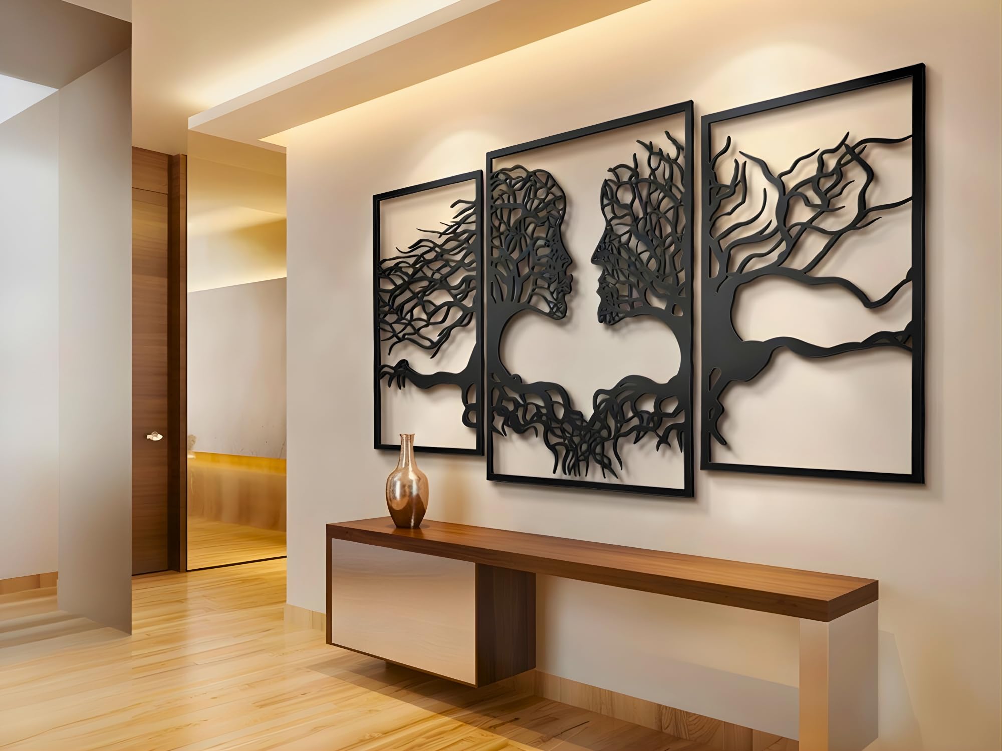 VAILLA Wanddeko 3D aus Holz XXL Wandbild Wohnzimmer & Schlafzimmer, Moderne Holzbilder Schwarze Wand Deko, Home Wall Art Dekoration Lebensbaum Motiv (Gesichter 2)