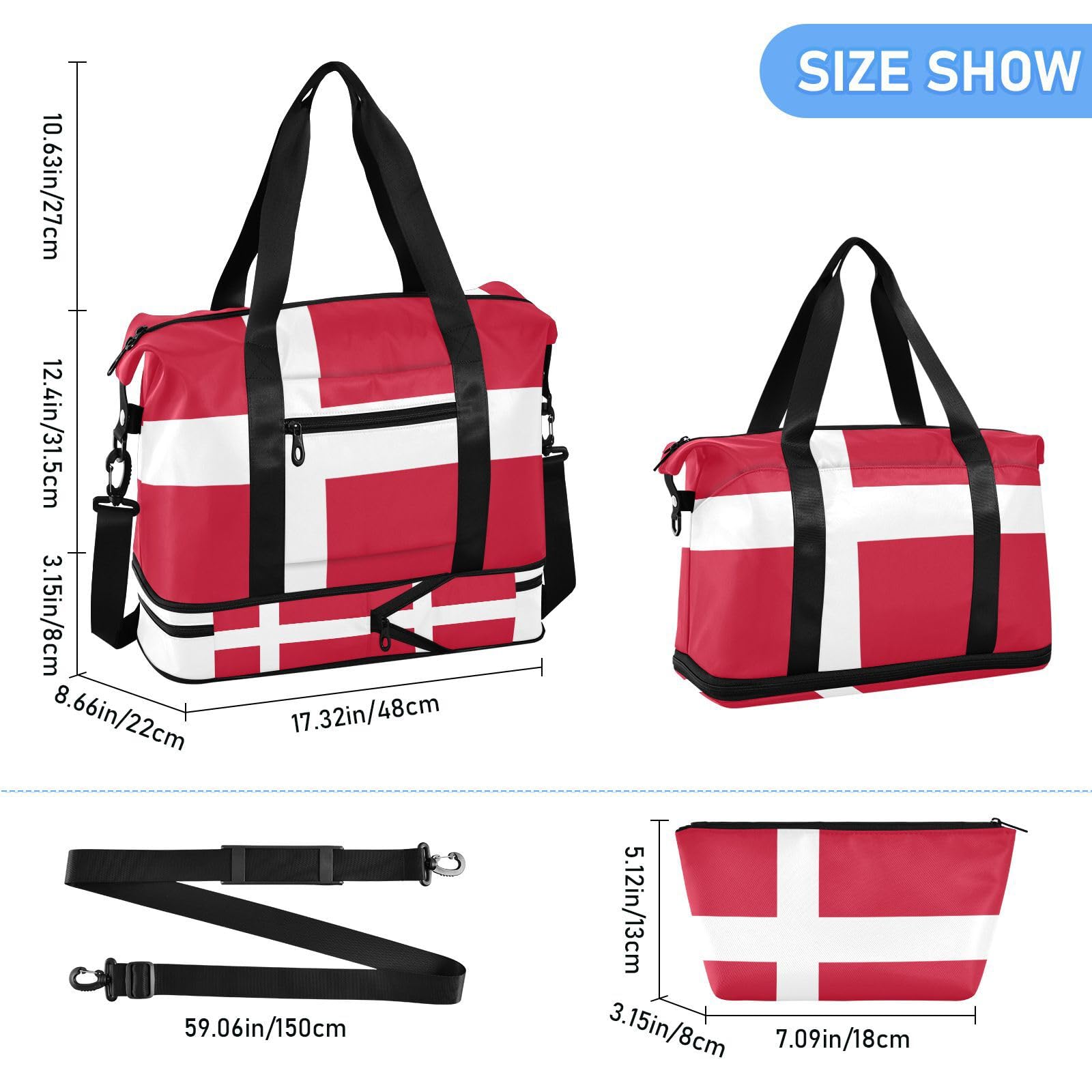 Borsa da viaggio con bandiera della Danimarca con tasca bagnata, tracolla regolabile, borsa da palestra per escursionismo, multifunzionale, per uomini e donne
