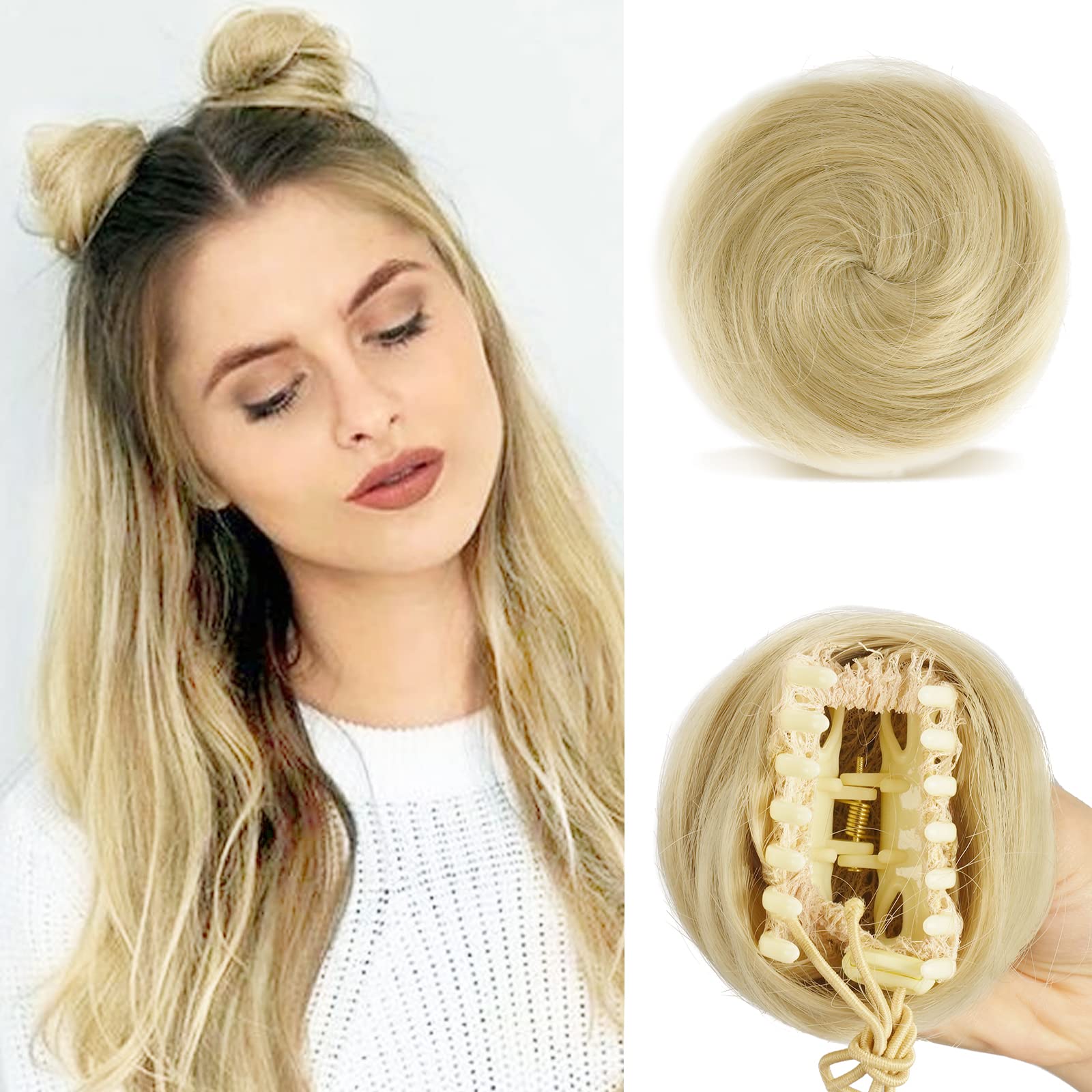 Sofeiyan 2 x Claw Clip-In Hair Bun Mini Messy Bun Hairpieces Bun with Clip Synthetic Hair Scrunchies Hair Donut Chignon Ponytail Hairpiece Bun for Women Golden/Bleach Blonde Mix