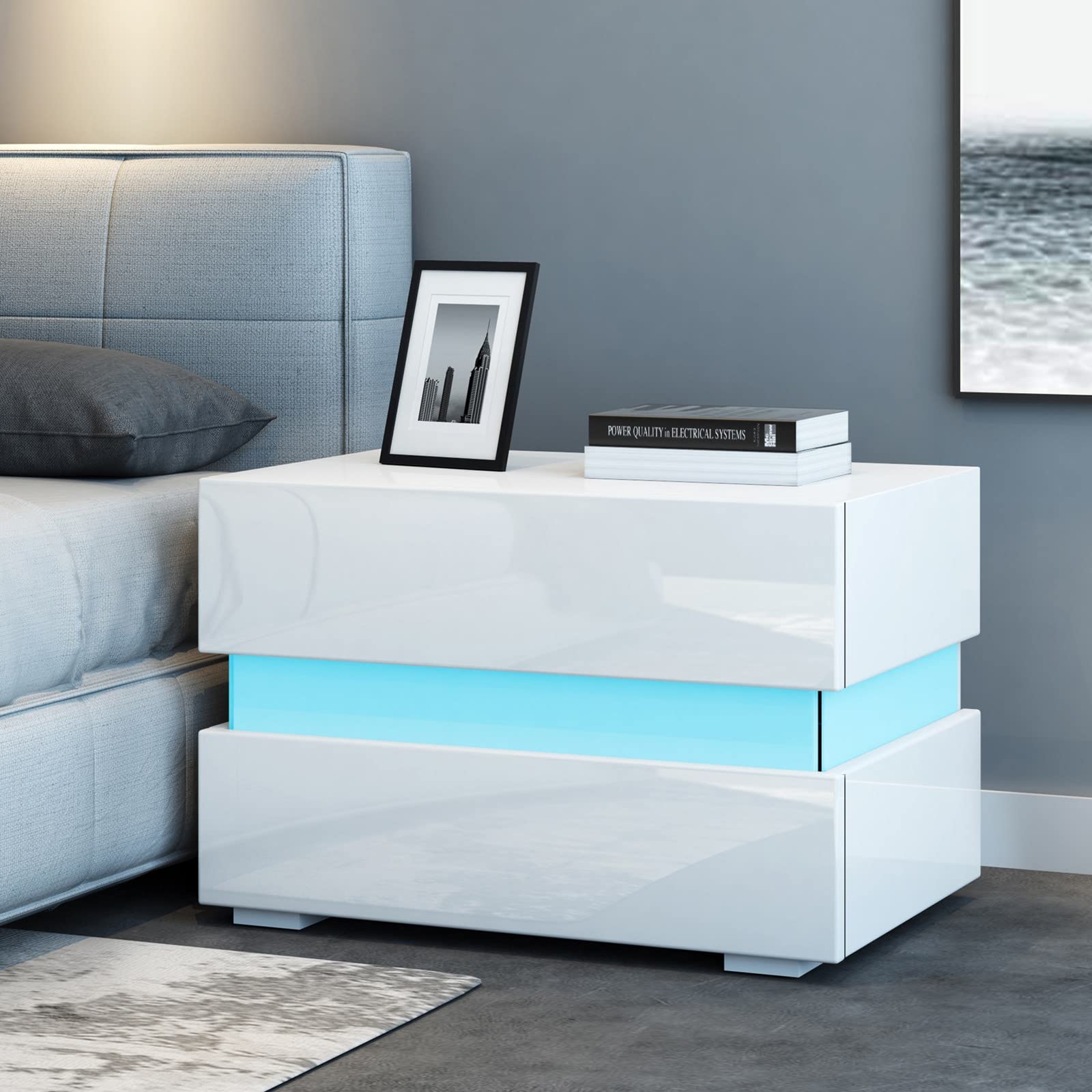 Nachttisch Nachtschrank weiß Hochglanz mit LED-Beleuchtung,Modern Schlichte Nachtschrank Beistelltisch mit 2 Schubladen für Schlafzimmer und Wohnzimmer, 55 x 35 x 45 cm