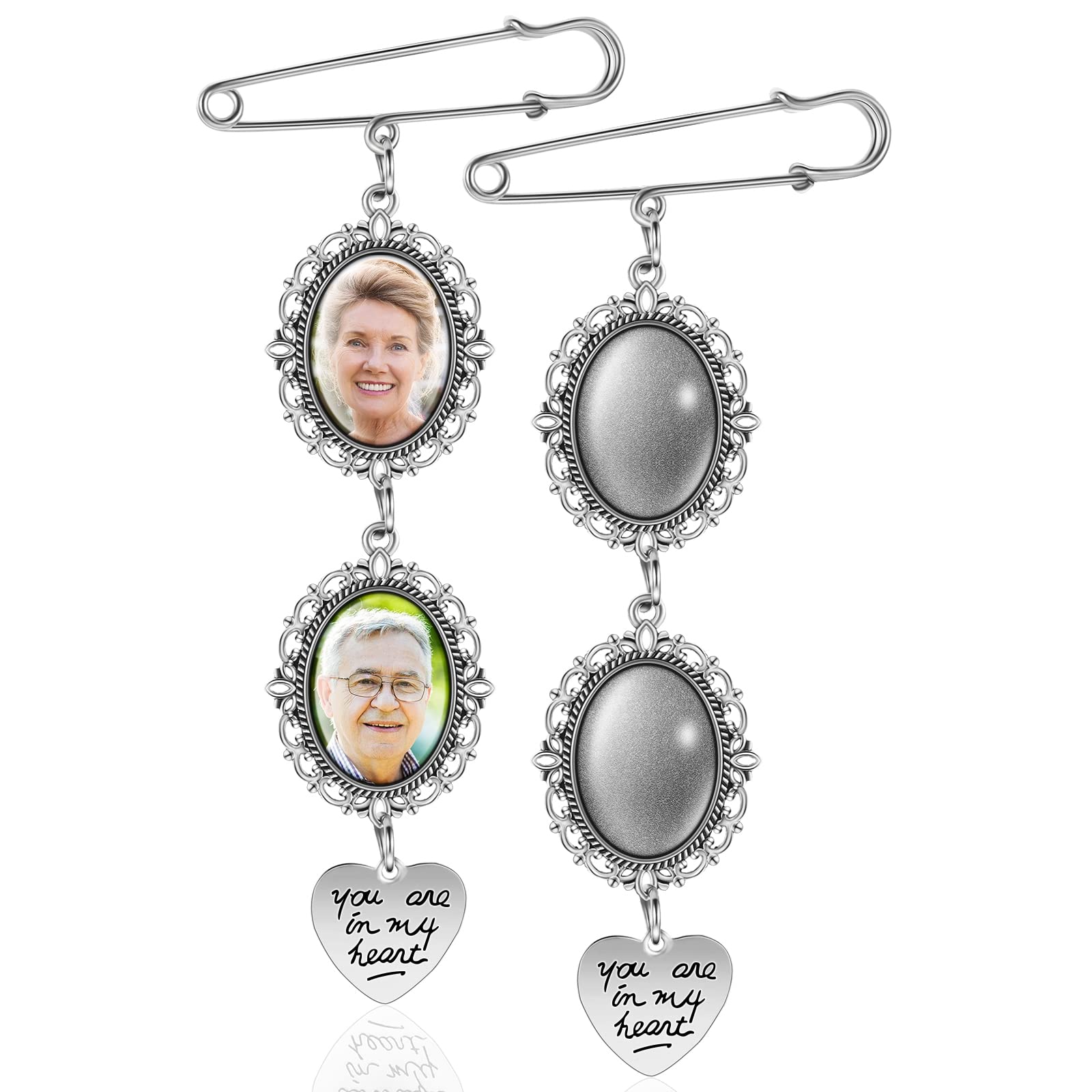 Fumete Wedding Bouquet Photo Charm DIY Pin Brooch Making Kit, Includes Double Lacy Oval Frame Bridal Charm, Oval Clear Glass Cabochons, Clasp, You Are Always in My Heart Charm and Jump Rings