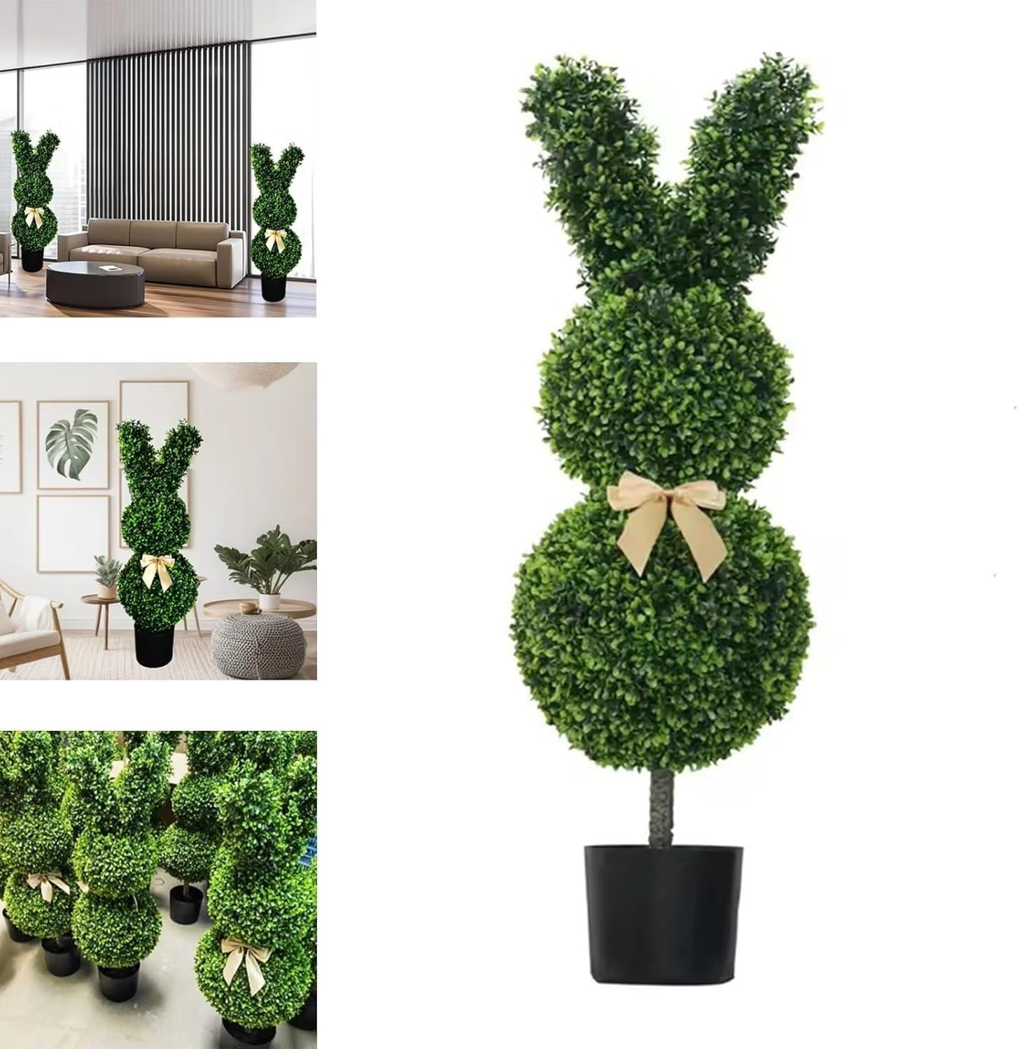 Topiario de conejo para exteriores, árbol topiario artificial verde en forma de conejo, plantas de arbusto de boj sintético, planta topiaria de boj de conejo de Pascua para decoración de porche en