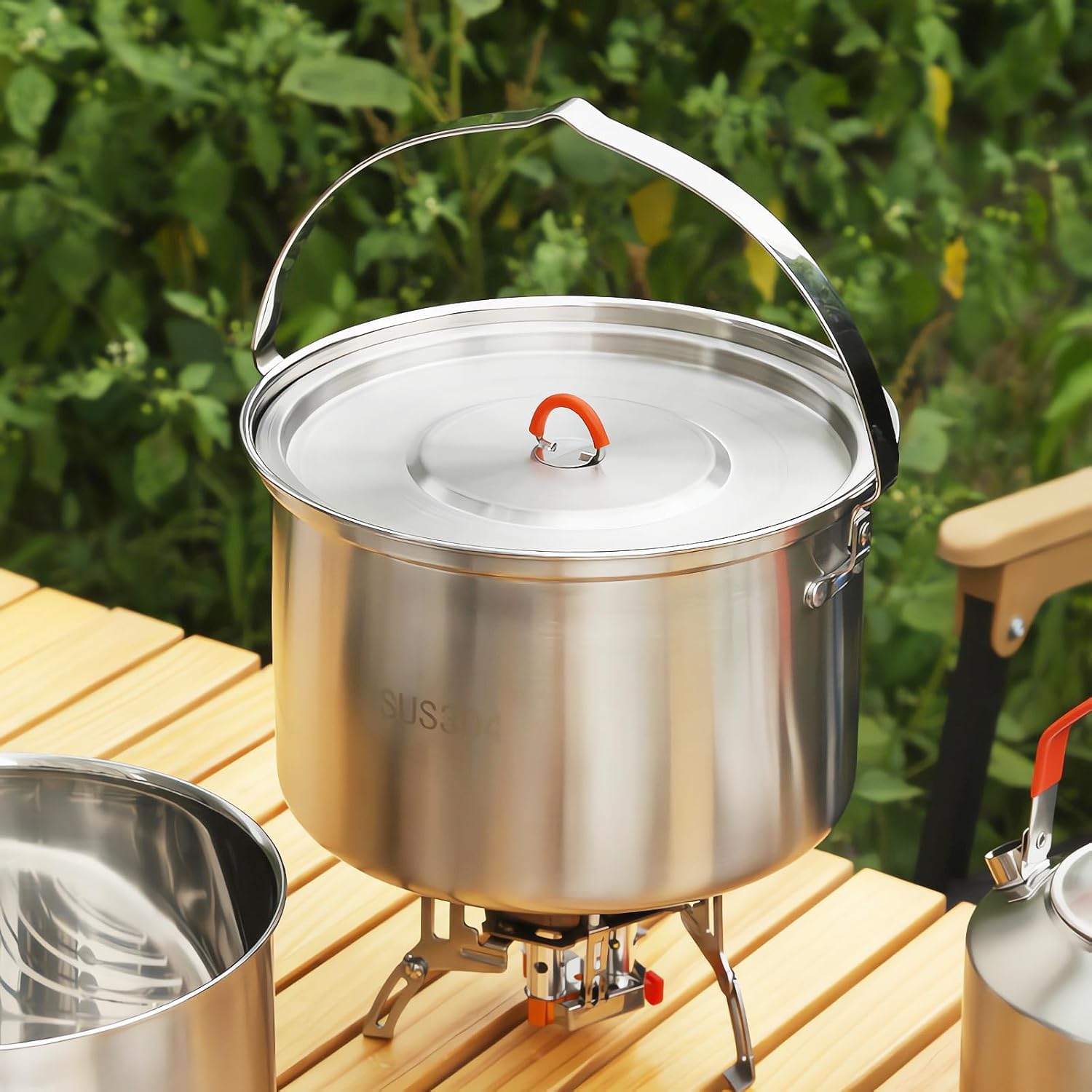 Set di pentole da campeggio, set da cucina da campeggio, in acciaio inox 304, set di pentole e padelle, durevole attrezzatura da campeggio con bollitore per escursioni, cucina all'aperto, picnic