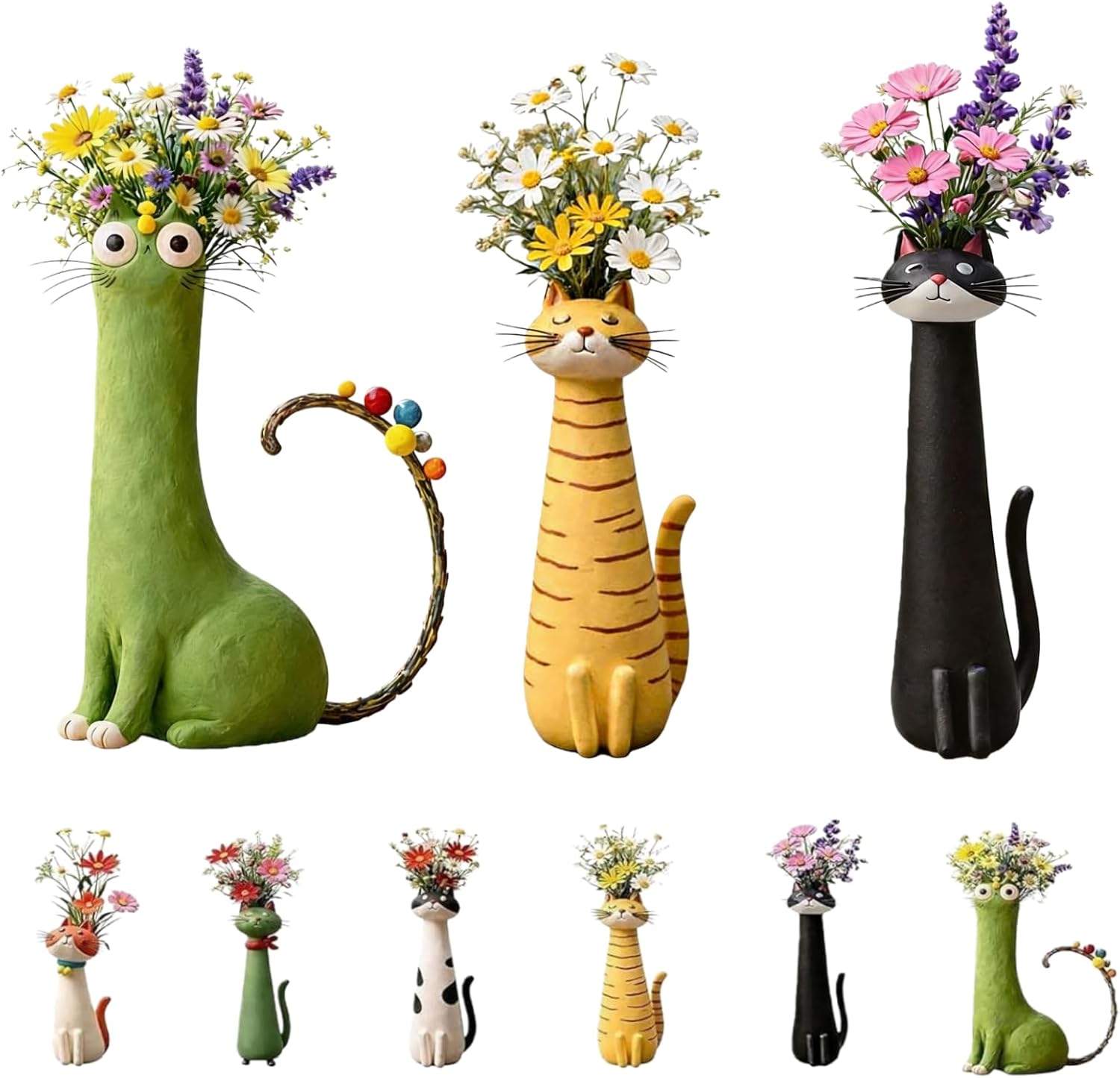 Handcrafted Quirky Resin Cat Vase, Whimsical Kitty Planter for Small Flower, Flower Vase Boho Shelf Decor Desk Ornament Gift for Cat Lovers (Green Sitting Posture+Yellow+Black)