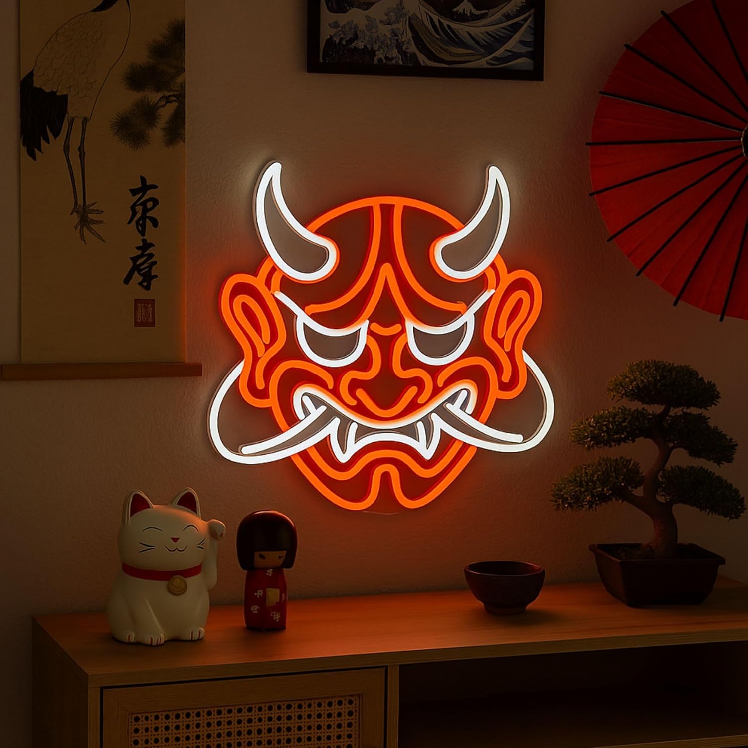 Japanese Oni Mask Neon Sign – 13" x 13" Red & White LED Wall Light for Room Decor, Game Room, Bar, Anime & Japanese Style Aesthetic
