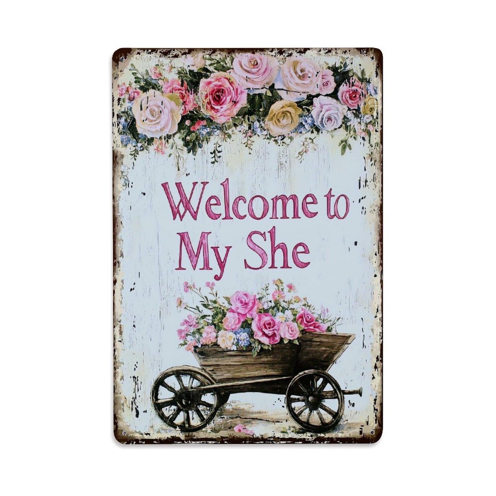 Jdfenggu Vintage Floral Wheelbarrow Welcome Sign Art Retro Metal Tin Sign, Decor Art Poster For Bar, Home, Man Cave, Kitchen, Laundry Room Gift 8X12inch
