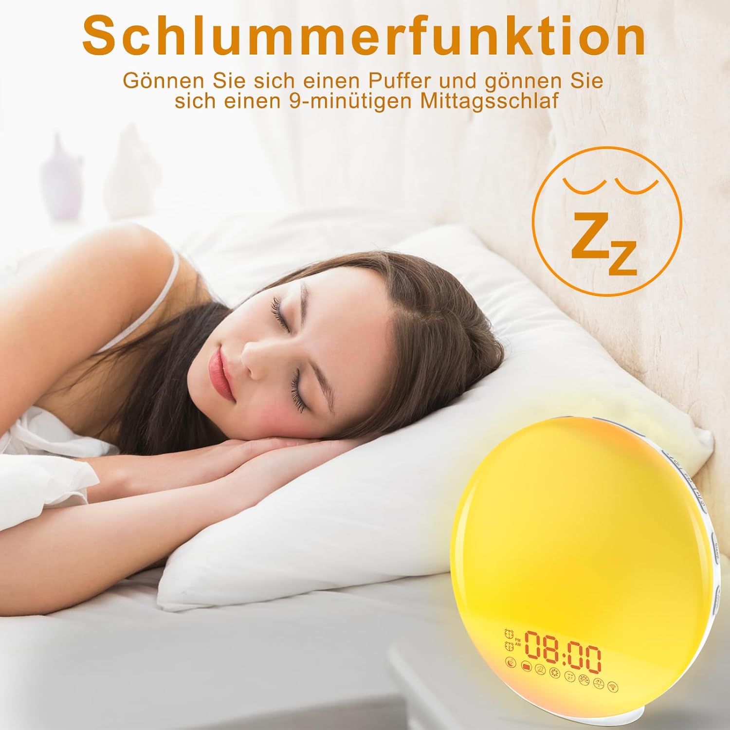 A person sleeping peacefully next to the Cadrim Wake-Up Light Alarm Clock, with a 'Zz' icon indicating the snooze function.