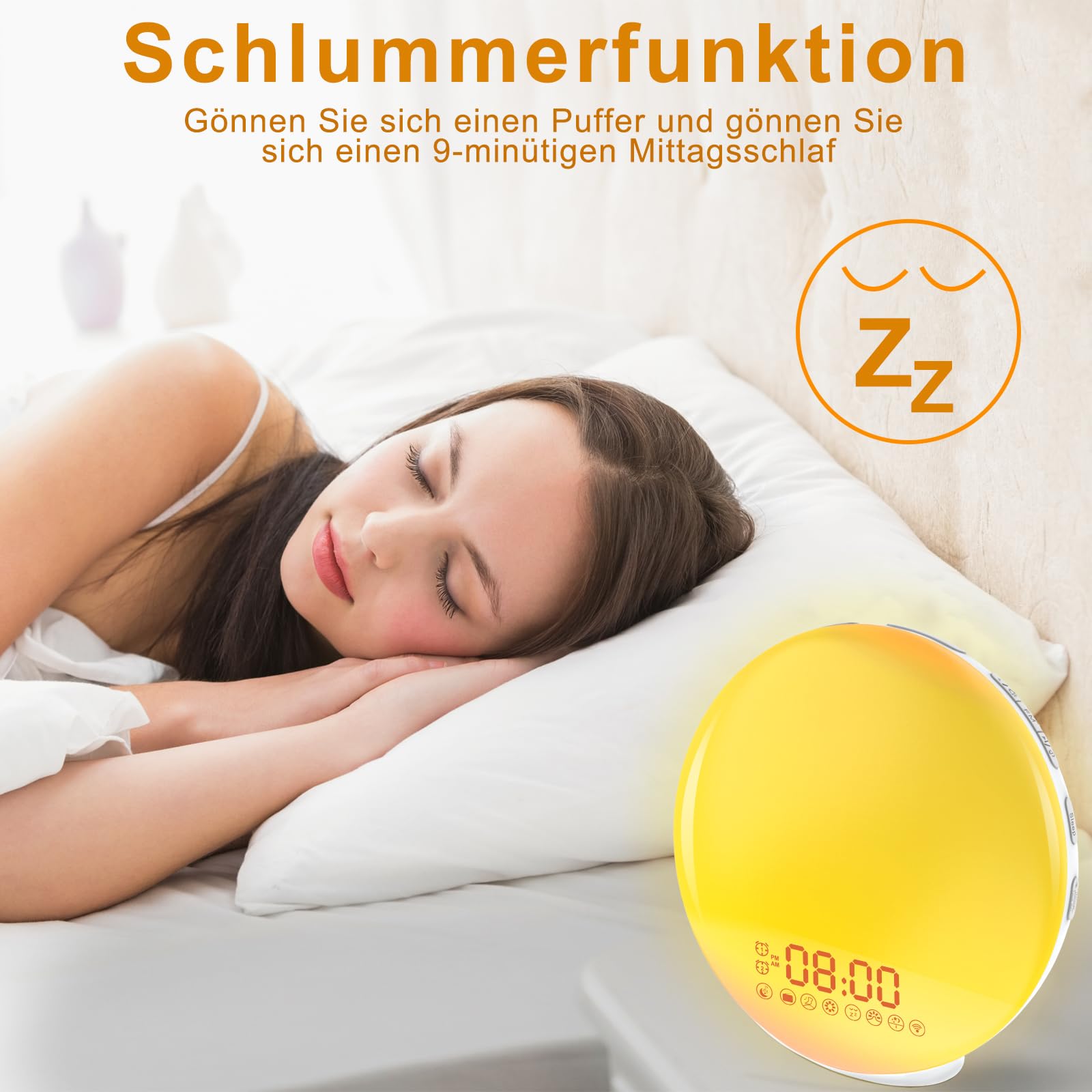 Cadrim Wake Up Sveglia luminosa, simulazione alba/tramonto, due sveglie, suoni della natura, radio FM e funzione snooze, per adulti e bambini (mezzo schermo)