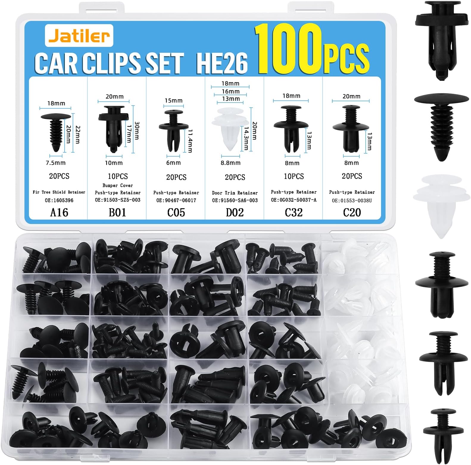 100 Pcs Car Trim Clips, HE26 Car Panel Clips Universal Auto Plastic Rivets Nylon Plastic Fasteners Bumper Clips and Fixings, 6 Sizes Push Rivets Door Trim Retainer Kit Accessories