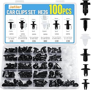 JatilEr 100 Pièces Rivet Clips Voiture Universel, Plastique Rivets Fixation de Protection Noir, 6 Taille Clips Agrafes Carrosserie pour Pare-Chocs Porte de Voiture Fender Push Kit de Remplacement