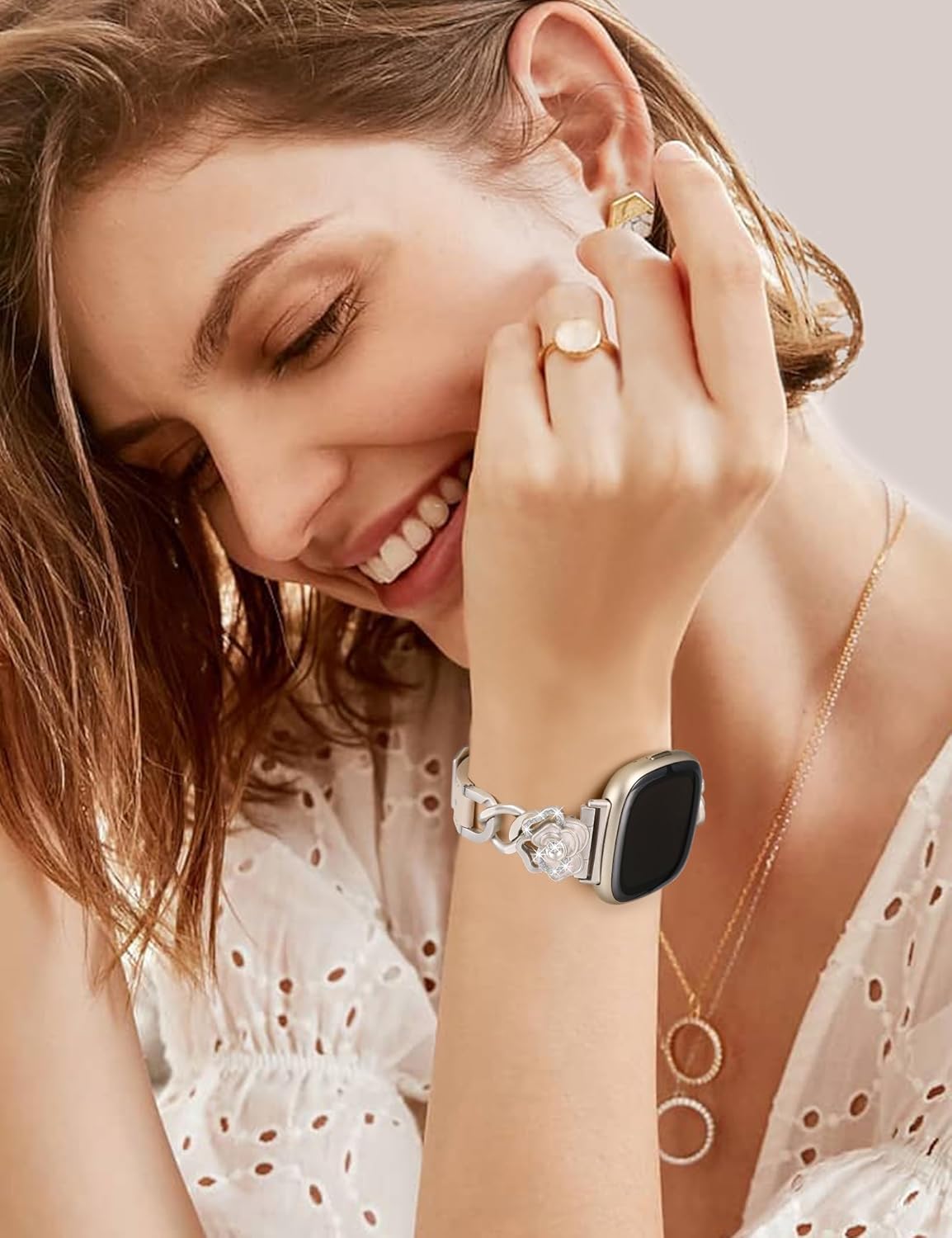 Minyee Leather Band Compatible with Fitbit Versa 4/3/Fitbit Sense 2/1 Watch Bands Women, Dressy Slim Elegant Leather Metal Chain Strap with Bling Cute Camellia Charms for Versa 3 4 Sense 2 Smartwatch