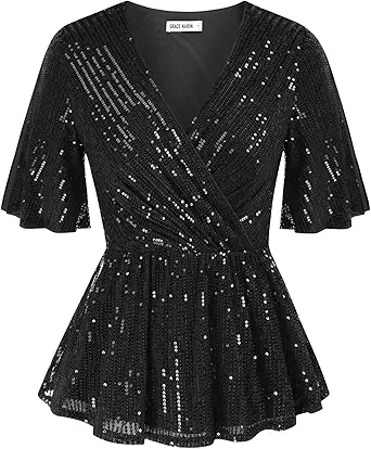 GRACE KARIN Womens Sequin Tops Sparkle Shimmer Ruffle Wrap Blouse Party Shirt V Neck Short Split Sleeve Peplum Top