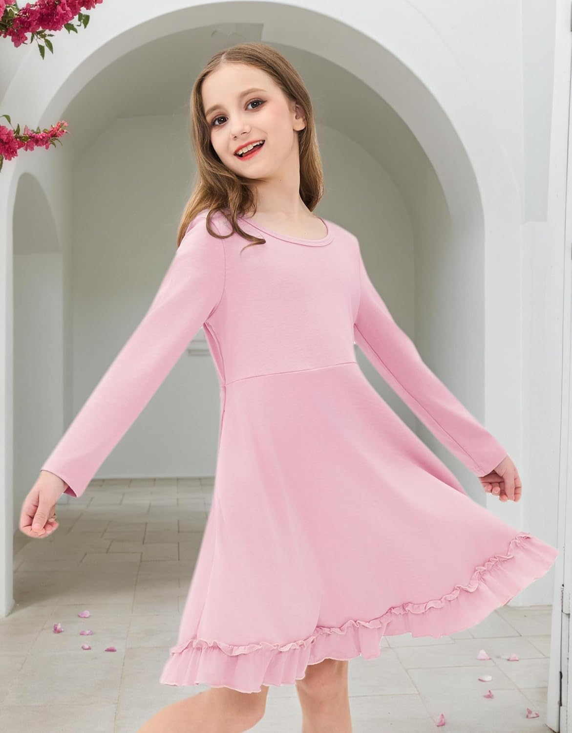 JiAmy Girls Dresses Fall Long Sleeve A Line Twirly Skater Ruffle Loose Casual Dress with Pocket - Image 2