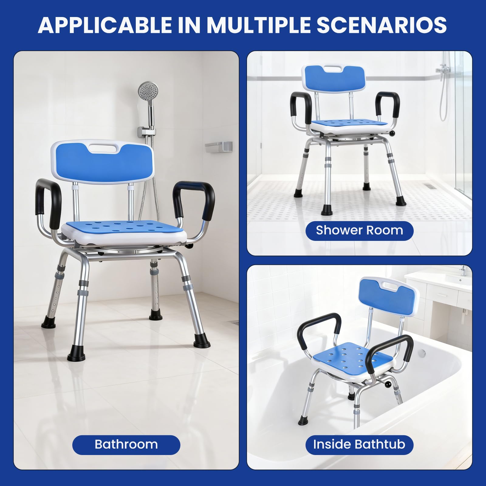 Silla de ducha giratoria de lujo con brazos y respaldo de 360°, asiento de bloqueo de 360°, altura ajustable de 5 niveles, silla de baño acolchada de alta resistencia, 300 libras, para personas