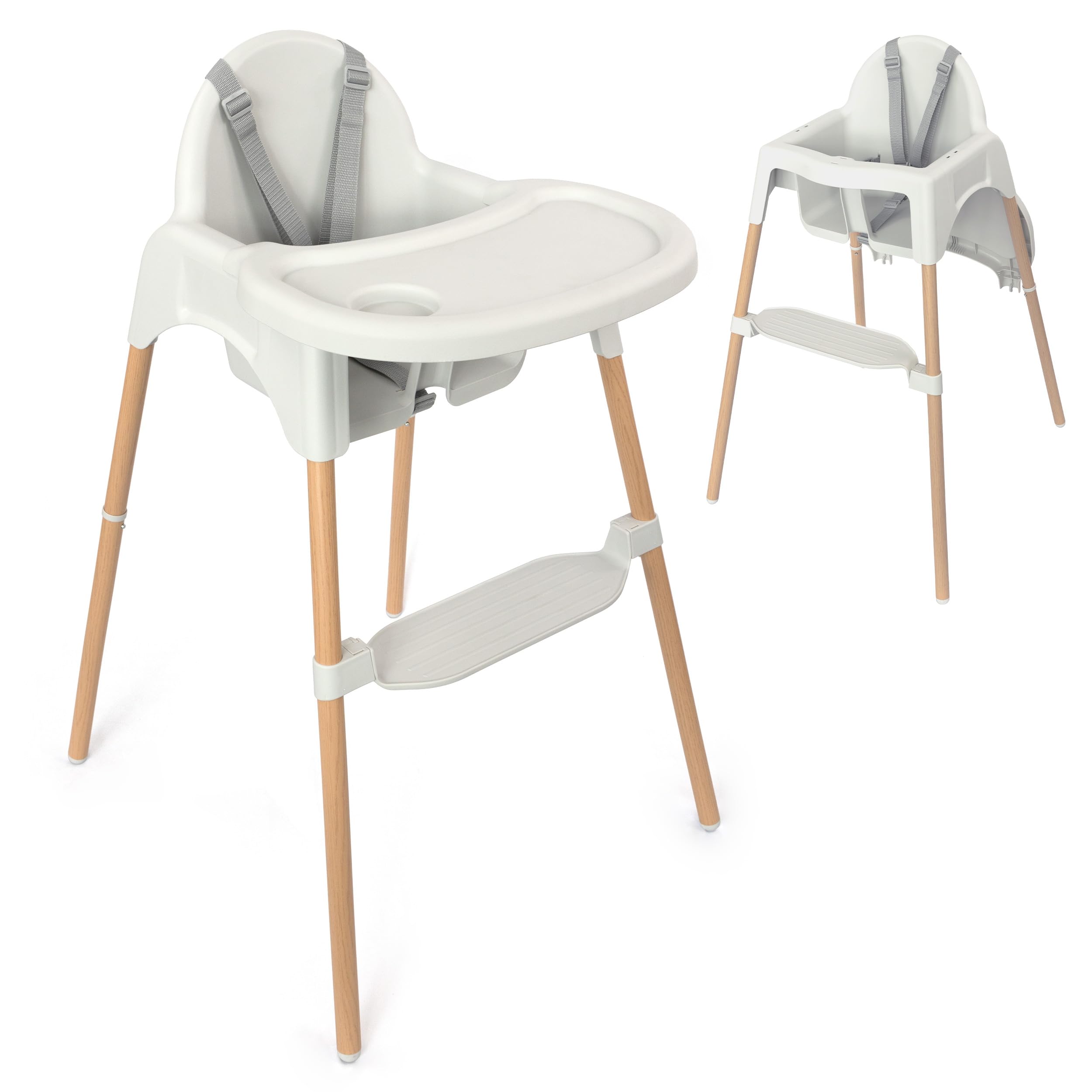 Zamboo Hochstuhl Baby ab 6 Monate | leichter Kinderhochstuhl (3,5 kg) mit edler Holzoptik, großem abnehmbarem Tablett und 5-Punktgurt | EN 14988:2017 geprüft, kippsicher, bis 15 kg - Grau