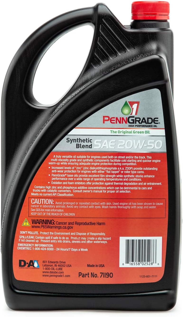 PENN GRADE 1, 71190, Synthetic Blend High Performance Oil SAE 20W-50, 5 Quart (2 Pack)