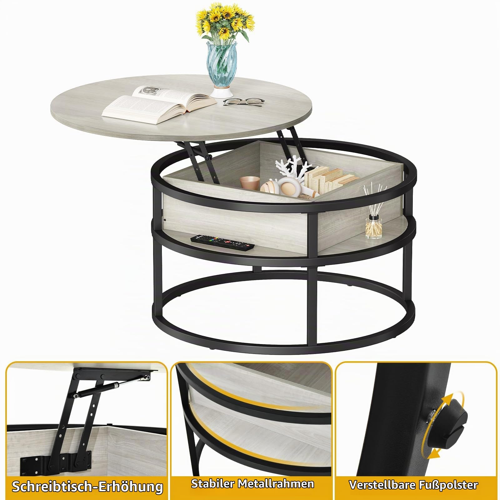 YITAHOME Couchtisch Höhenverstellbar, Runder Couchtisch mit Verstecktem Ablagefac, Beistelltisch Rund mit Stauraum, Hubplatte Wohnzimmertisch, 80x80x47cm, Weiße Eiche