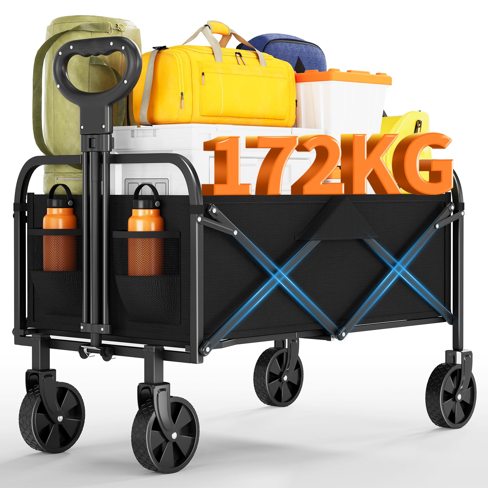 Bollerwagen Faltbar Klein 172KG, Belastbar & 220L Volumen, Handwagen mit Bremsen & Offroad-Rädern, Klappbarer Transportwagen mit Seitentaschen für Strand, Camping & Garten