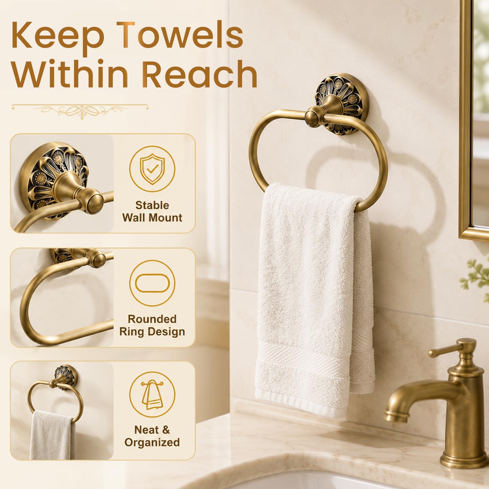 Antique Toilet Paper Holder 2 Pcs Gold Brass Hand Towel Ring Vintage Tissue Roll Set, Wall Mounted Bathroom Paper Hanger Hardware Decor Accessories(Oval) — Amazon image 4
