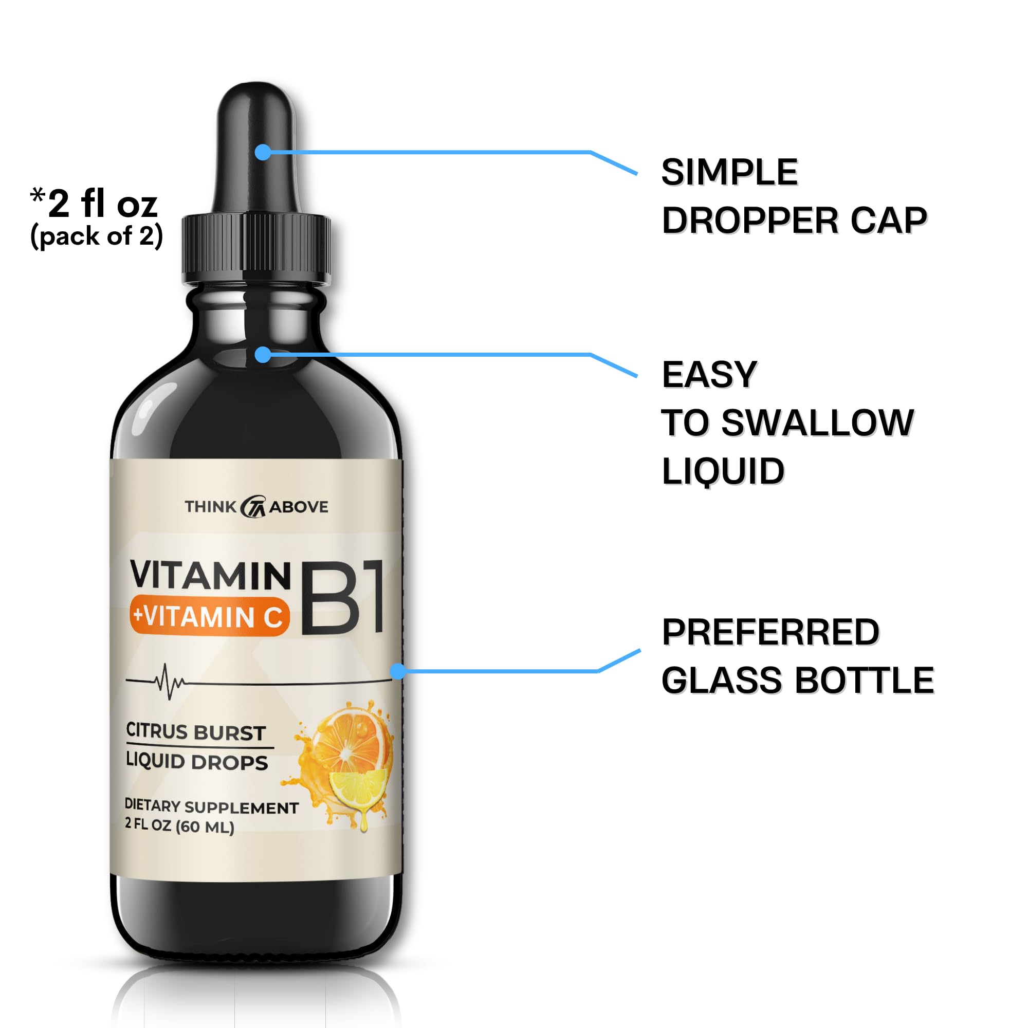 Think Above Vitamin B1 + Vitamin C Liquid Drops - Energy & Immune Support Supplement - 2 fl oz (60 ml) Pack of 2 - Fast Absorption, Easy-to-Use