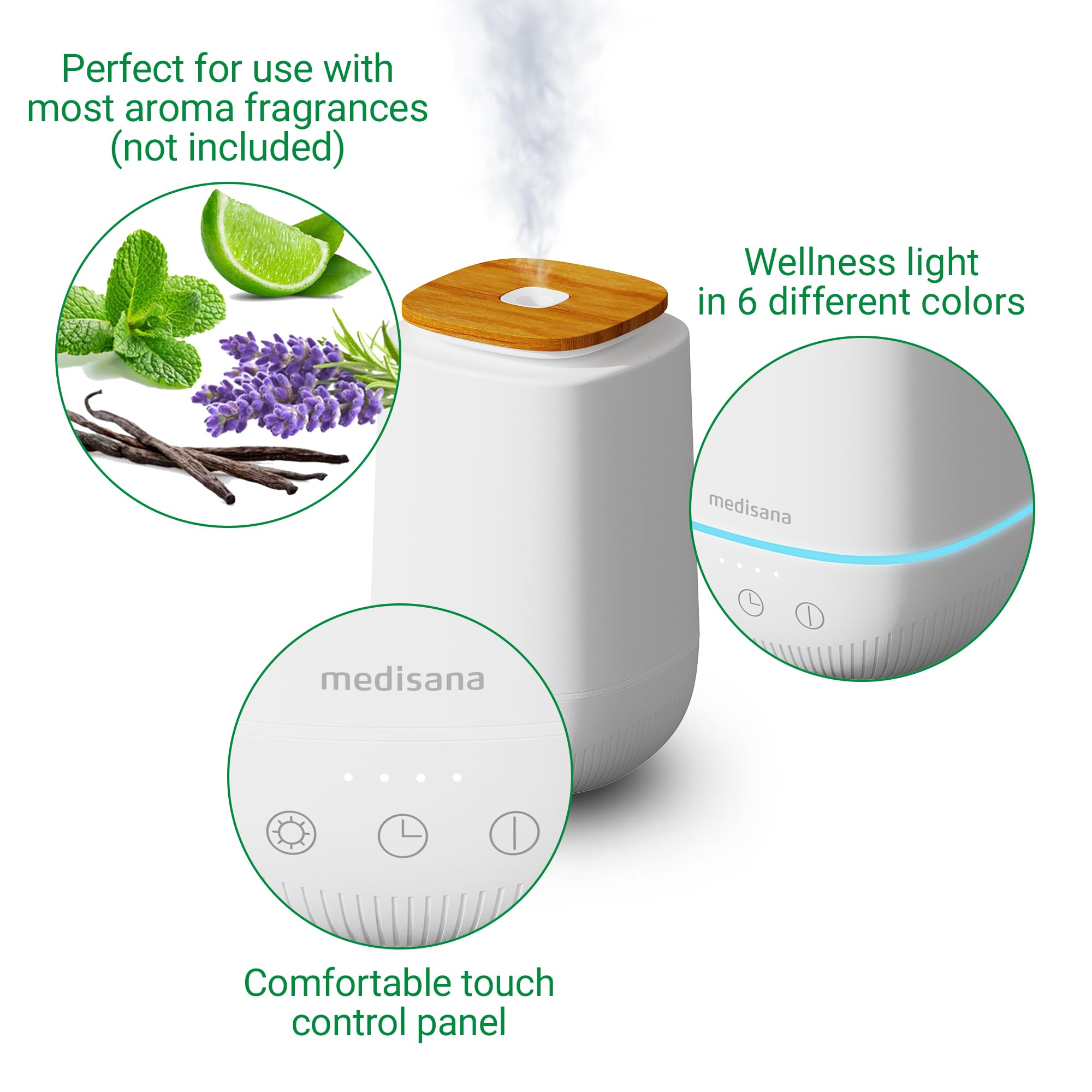 medisana AD 650 diffuseur d'huiles essentielles, désodorisant maison | avec lumière bien-être, pour huile essentielle, humidificateur d'air à technologie ultrasons pour parfum ambiant agréable