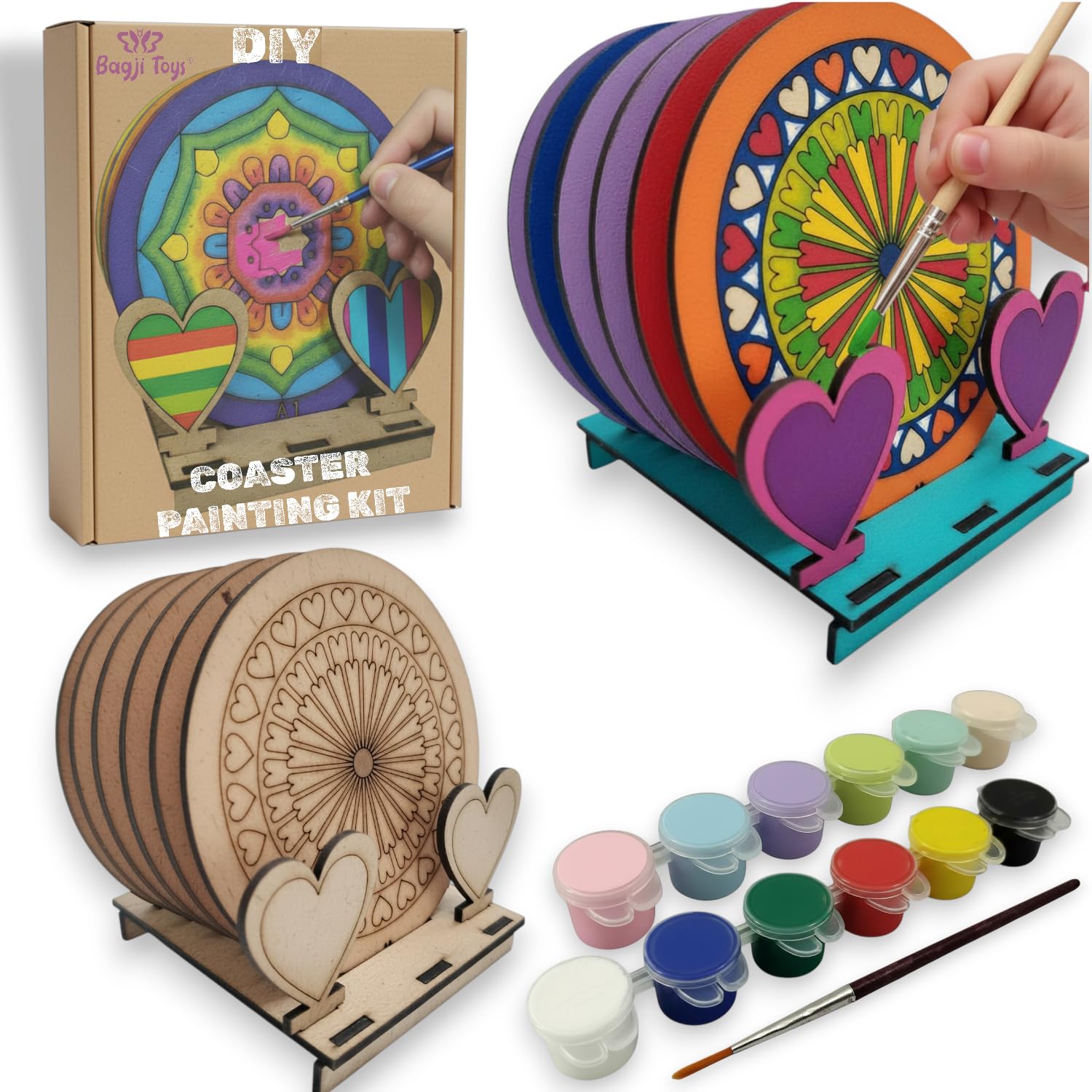 BAGJI TOYS DIY Coaster Painting Kit for Kids & Adults β 6 Pre-Marked Wooden Tea Coasters with Stand, 12 Acrylic Colours & Brush β Mandala Art & Craft DIY Set β Beginner Friendly Painting Craft Kit, Birthday & Gift Activity (MandalaA4)