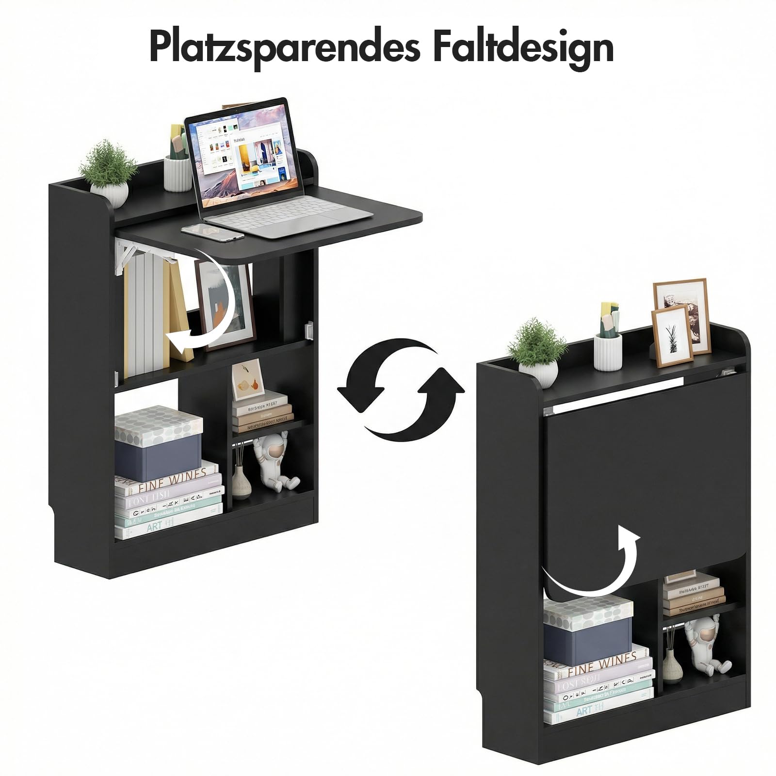 Schreibtisch Klappbar, Wandschreibtisch mit Ablagen & Regalfächern, Schwebender Laptoptisch & Klappbarer Wandtisch, Platzsparender Computertisch für Homeoffice & Büro, 64x20x82cm (Schwarz)