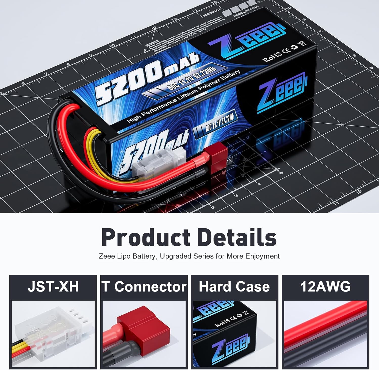 Zeee 3S LiPo RC Akumulator 11.1V 80C 5200mAh twarda obudowa ze złączem Deans T do RC Samochodów, RC Samolotów, RC Helikopterów, RC Hobby