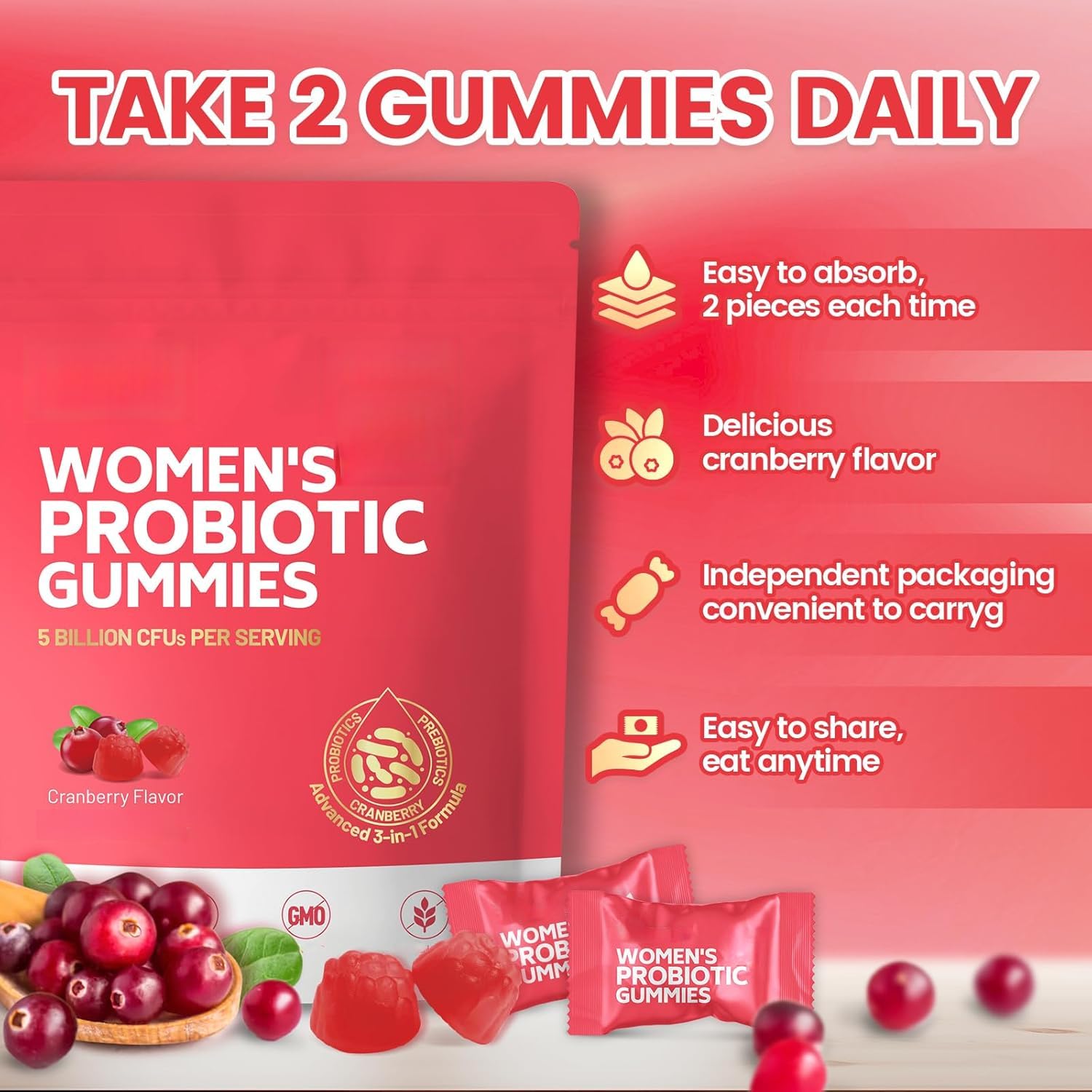 Gummies probiotiques, saveur de canneberge
