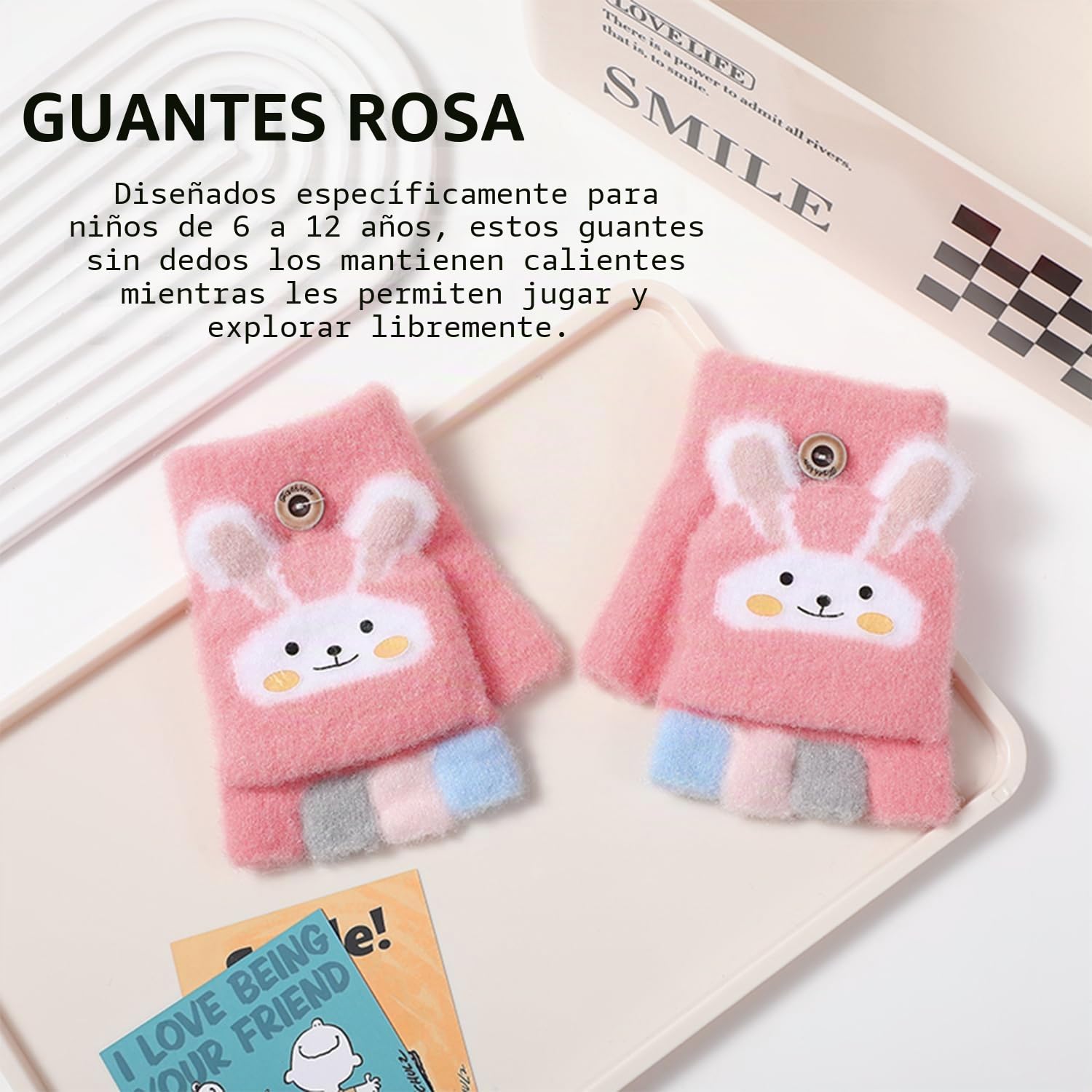 1 par de guantes de conejo para niños, guantes sin dedos, guantes rosas, guantes de dibujos animados para niñas, guantes acolchados cálidos, adecuados para el invierno