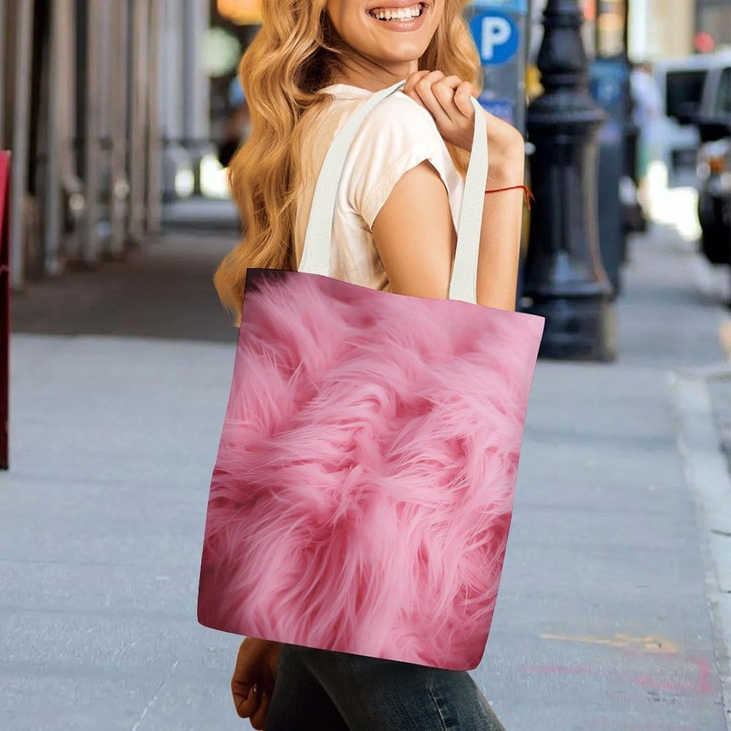Pink Fluffy Fur Pattern Canvas Tote Bag Shoulder Bag Handbag image 3