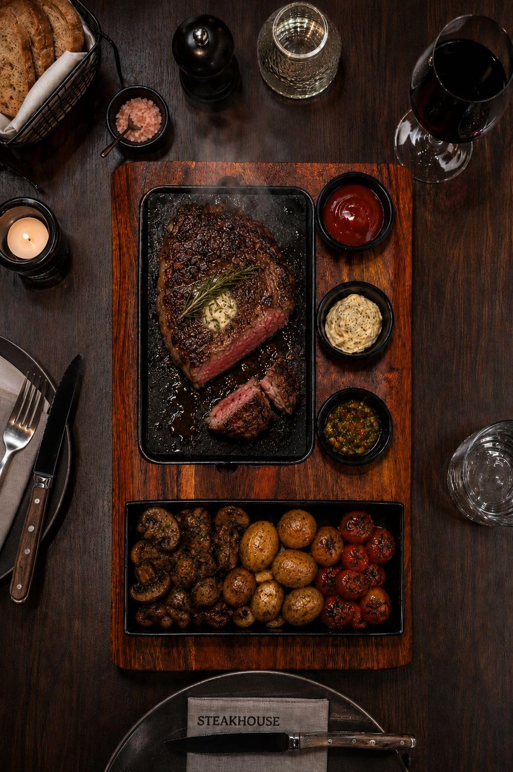 Heißer Stein Steak Set mit Akazienholzbrett – Lavastein zum Grillen am Tisch, Steakstein mit Edelstahlschale & 3 Dip-Schalen, Hot Stone Grill für Steak & Fleisch