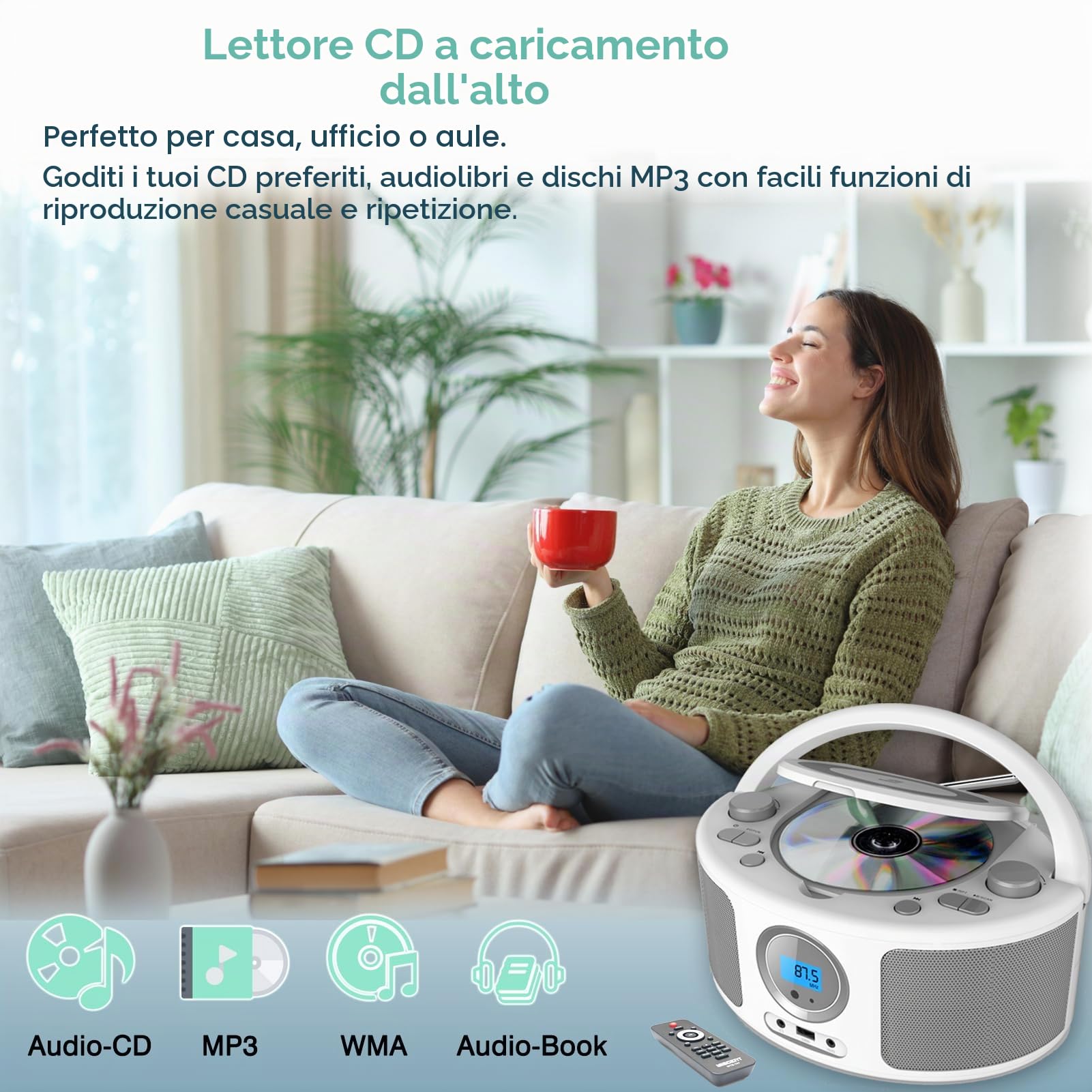 Radio Portatili Boombox con Bluetooth, Telecomando, Lettore CD Stereo con Radio FM, Ingresso Blue Tooth, USB, AUX-IN,Compatibile CD-R/CD-RW,AC o Alimentato a Batteria