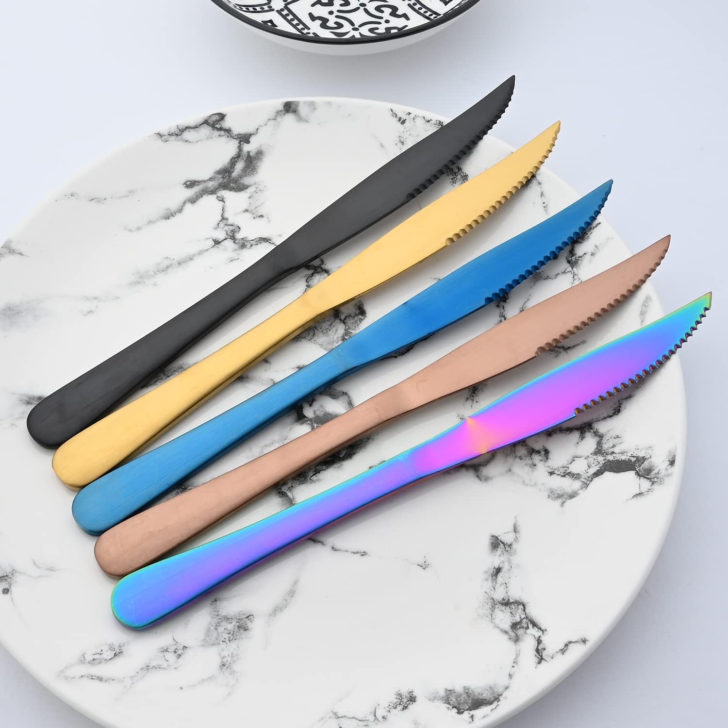 Gugrida Gold Steak Knives, 6 Piece Stainless Steel Set, Matte Steak Knife Sets, Steak Knives Serrated, Tomato Knife, For Home, Kitchen or Restaurant, Dishwasher Safe (8.86 Inch)