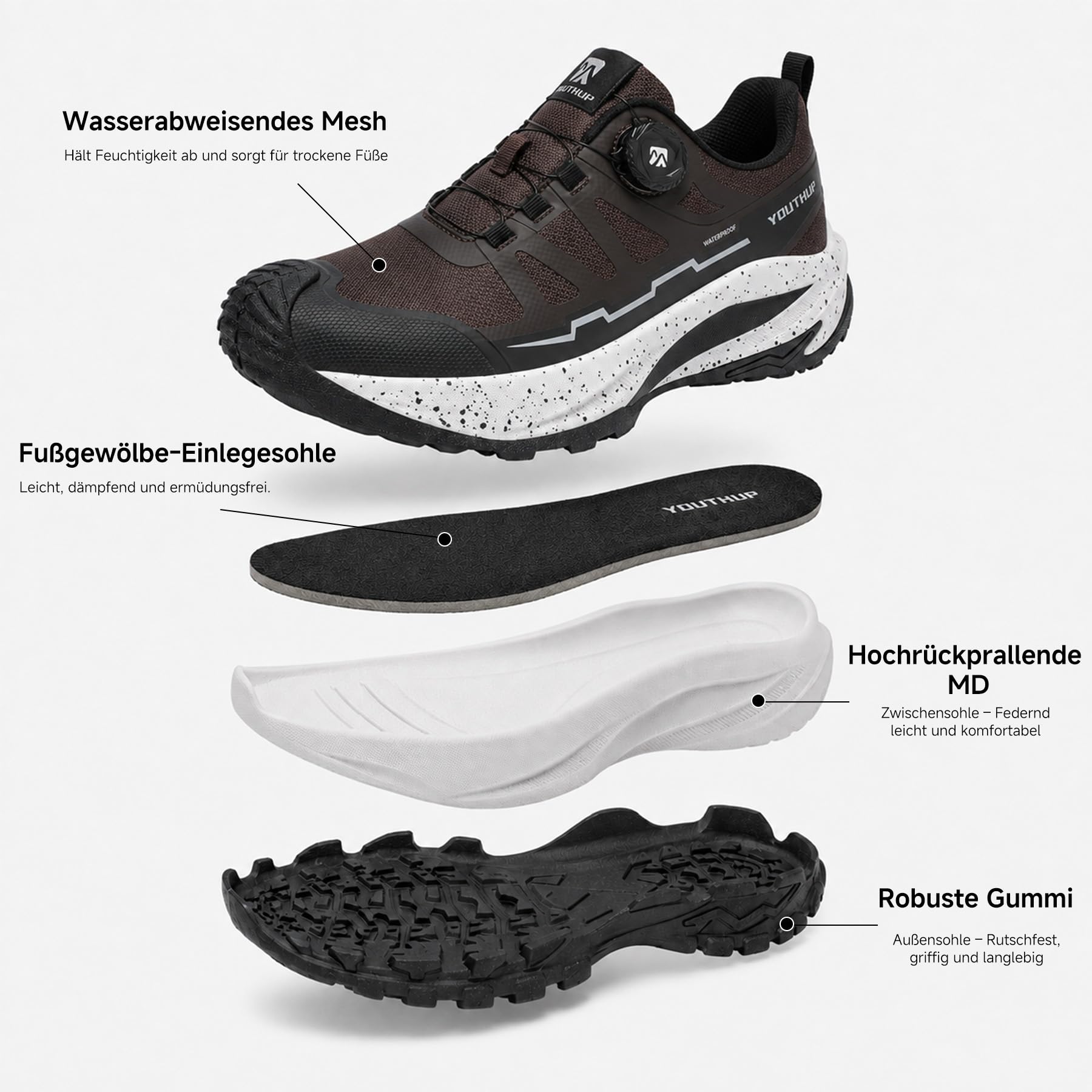YOUTHUP Chaussures de randonnée respirantes pour homme, en PU et maille, antidérapantes, légères, chaussures de loisirs, lacets à libération rapide, pour escalade et camping