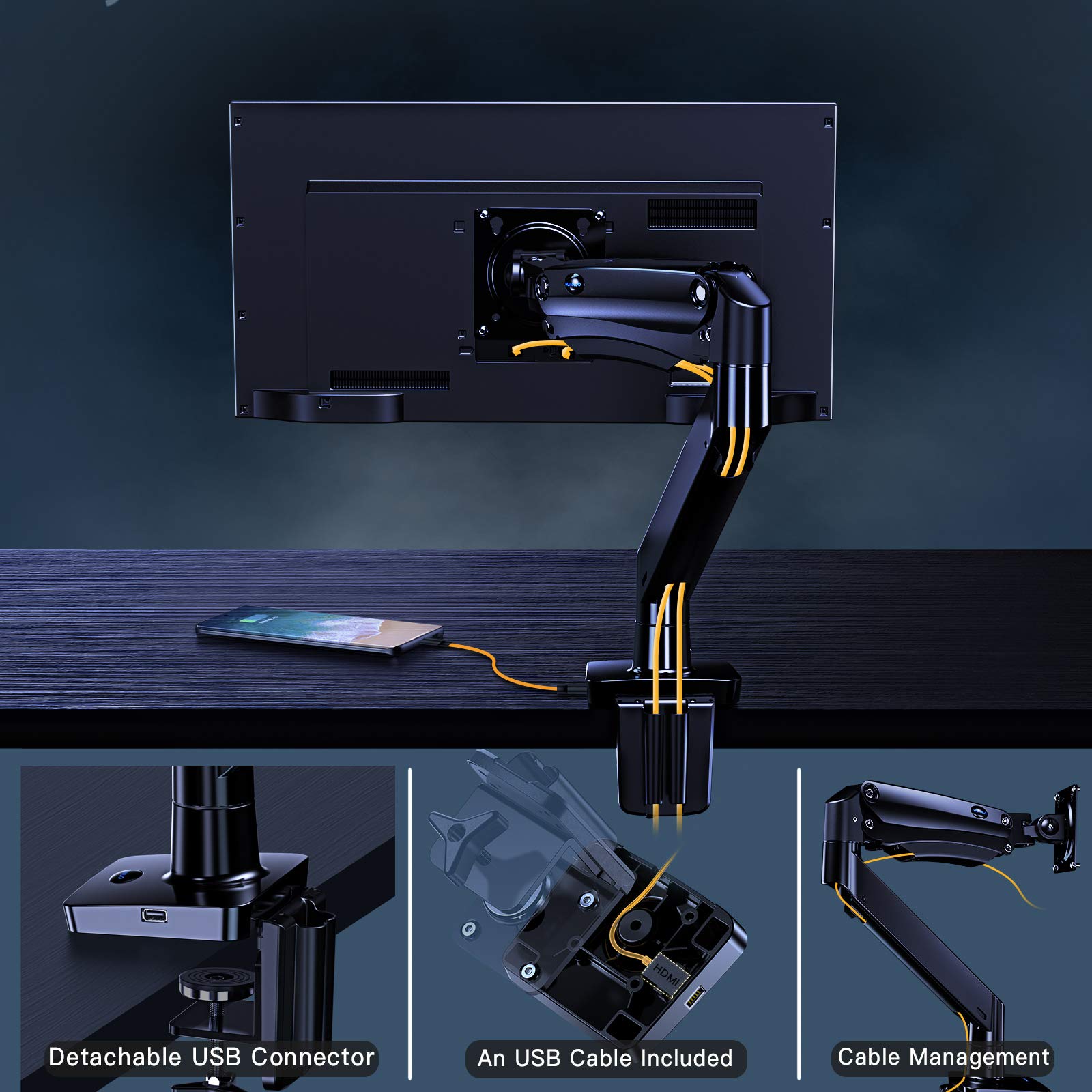 HUANUO Ultrawide Monitor Arm 1335” w/USB, Single Monitor Mount Holds