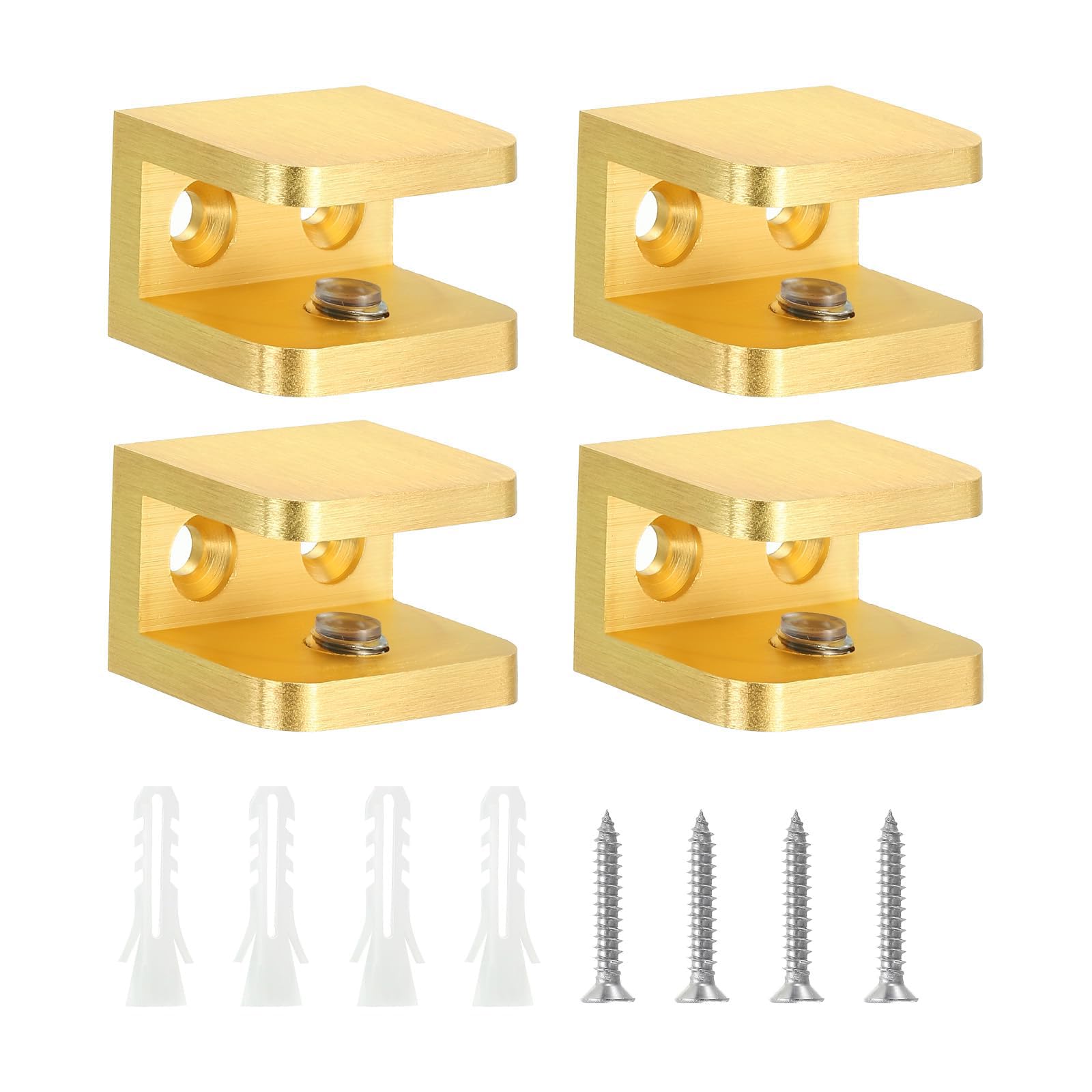 TA-VIGOR 4pcs 10-12mm Glass Clamp Adjustable Brass Shelf Brackets with Rubber Pads, No-Drill Shelf Supports with Screws for Bathroom, Cabinet, Wine Rack (Gold)