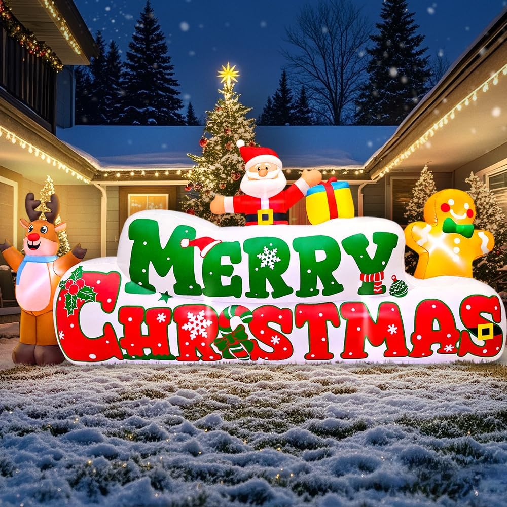 10FT Christmas Inflatables Outdoor Decorations Inflatable Merry Christmas with Santa Gingerbread Reindeer, Built in LED Lights Blow up Yard Decorations for Xmas Holiday Party Garden Lawn Décor