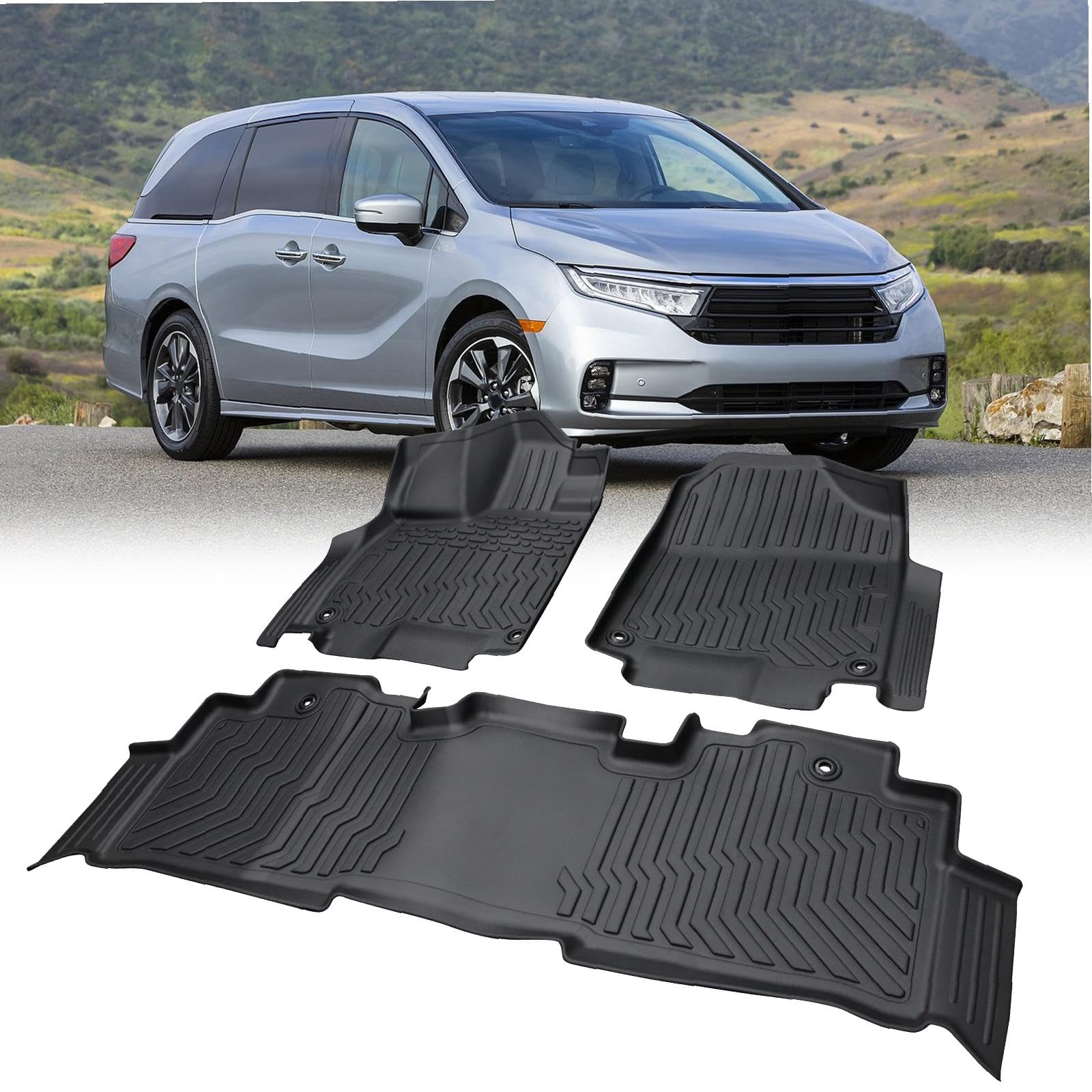 Photo 1 of All Weather Car Floor Mats Compatible for 2018 2019 2020 2021 2022 2023 for Honda for Odyssey, TPE Rubber Liners Accessory 1st & 2nd Row 3Pcs Set Front, Rear Odorless Waterproof Anti-Slip Mats Black