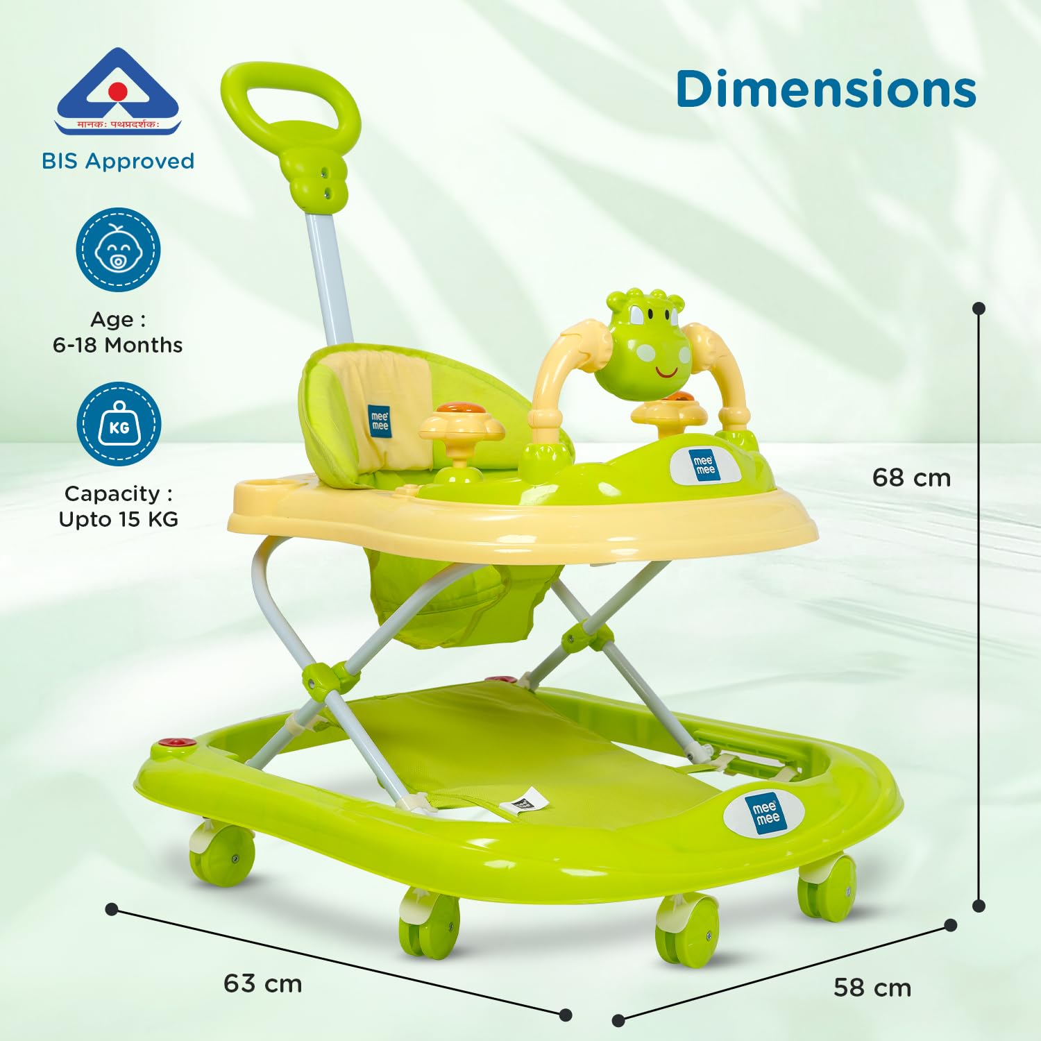 Mee Mee 360° Baby Activity Walker | 3 Level Adjustable Height, Foot Mat, Musical Detachable Toy Bar | Parental Push Handle, Anti-Rollover Folding Walker for Boys, Girls, Kids | 6-18 Months 15kg-Green - Image 8 thumbnail