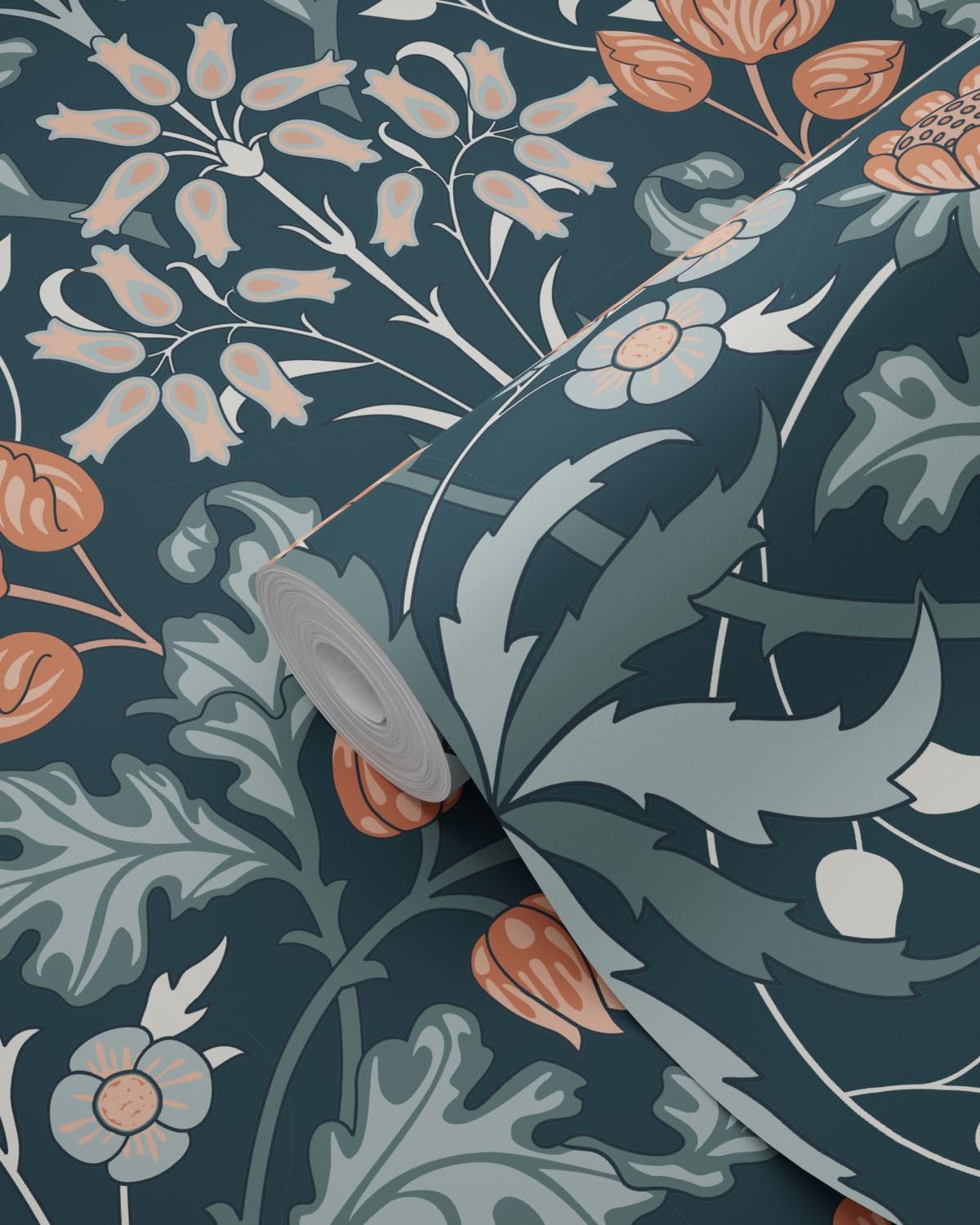 papier peint fleurs vintage de style art nouveau bleu foncé et terracotta 50 x 900 cm - ESTAhome