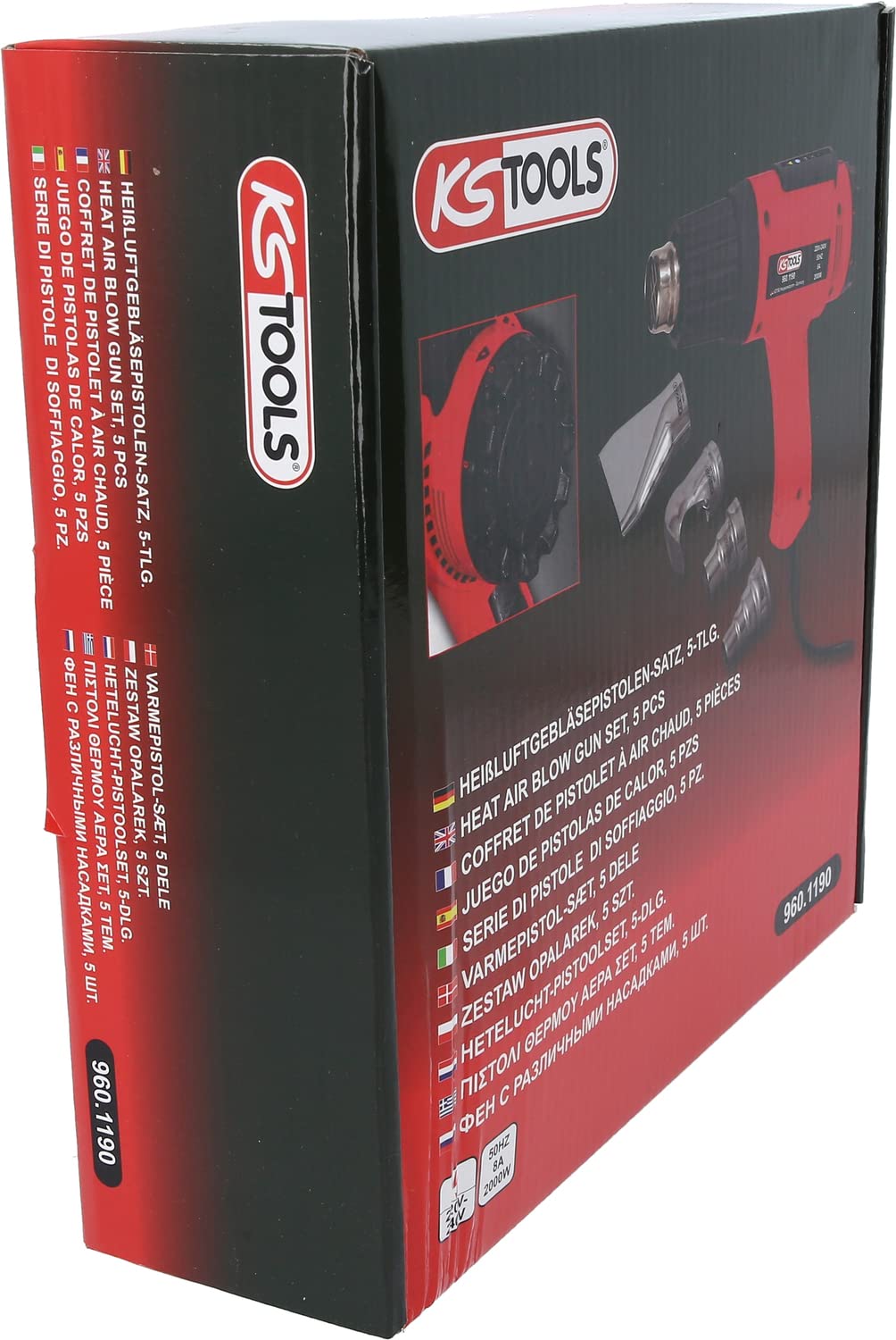 KS TOOLS 960.1190 - Décapeur Thermique 2000W - Pistolet Thermique à Air Chaud - 2 Positions - Réglage de Température par Molette sur 6 Plages entre 50° à 650° - 4 Buses - Couleur Rouge