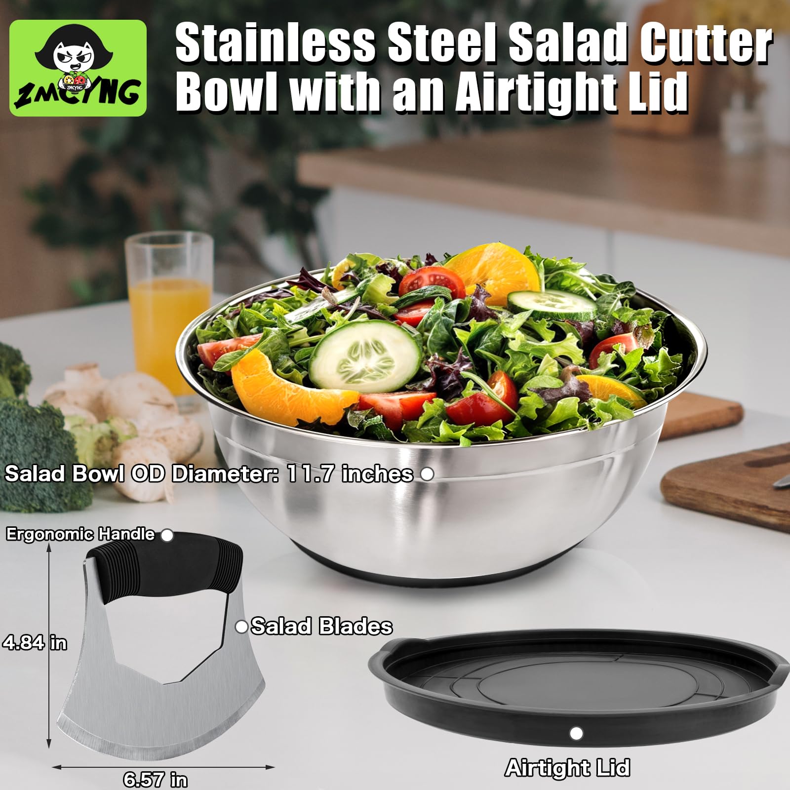 ZMCYNG Salatschüssel aus Edelstahl, Salatschüssel und Schneider mit Deckel, Klinge und Schüssel für Salate in Chefqualität, Zerkleinerer, Messer, Zubereitung