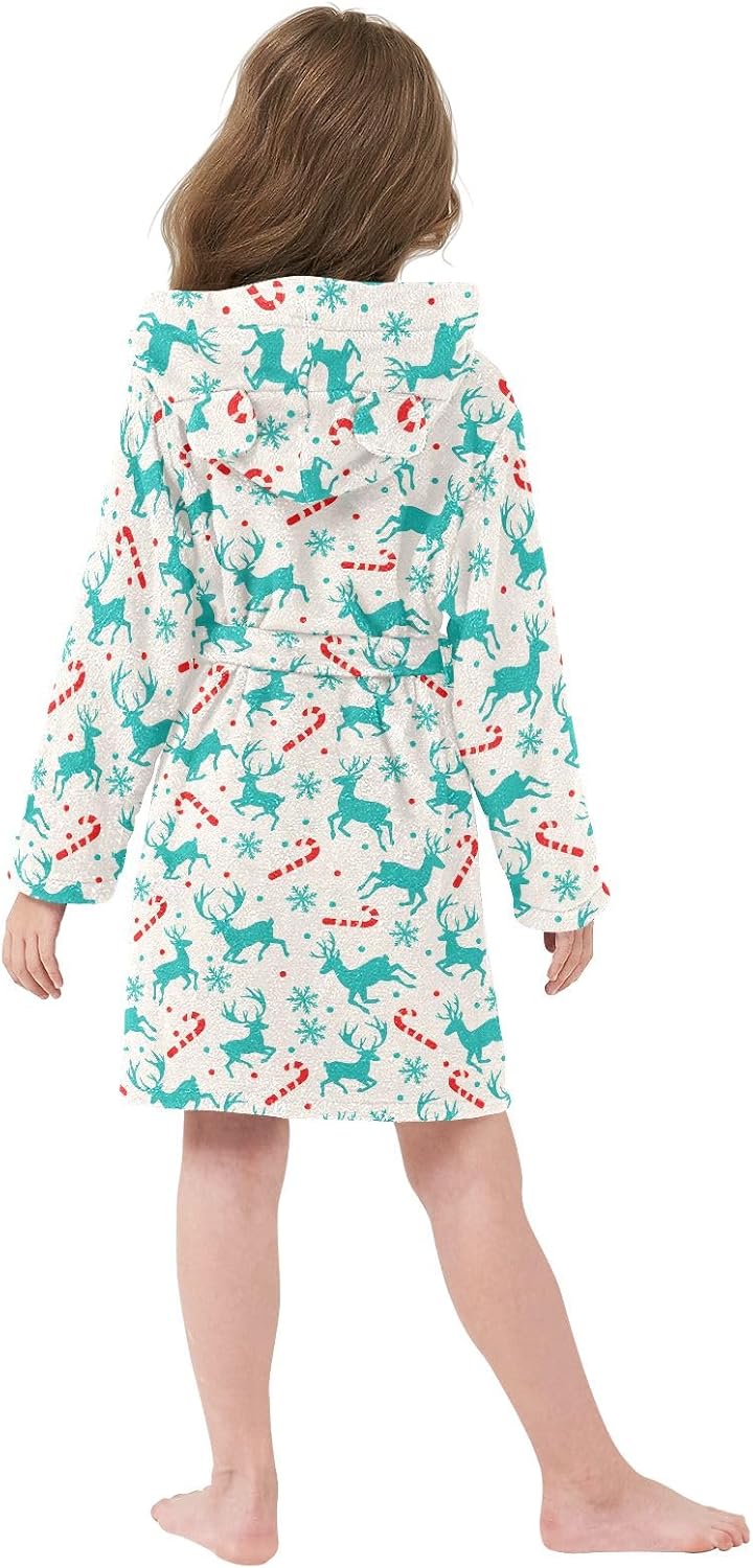 Simple Christm Deers Pattern Toddler Hooded Bathrobe for Boys Girls Soft Plush Bath Towel Robe 2-12 Years