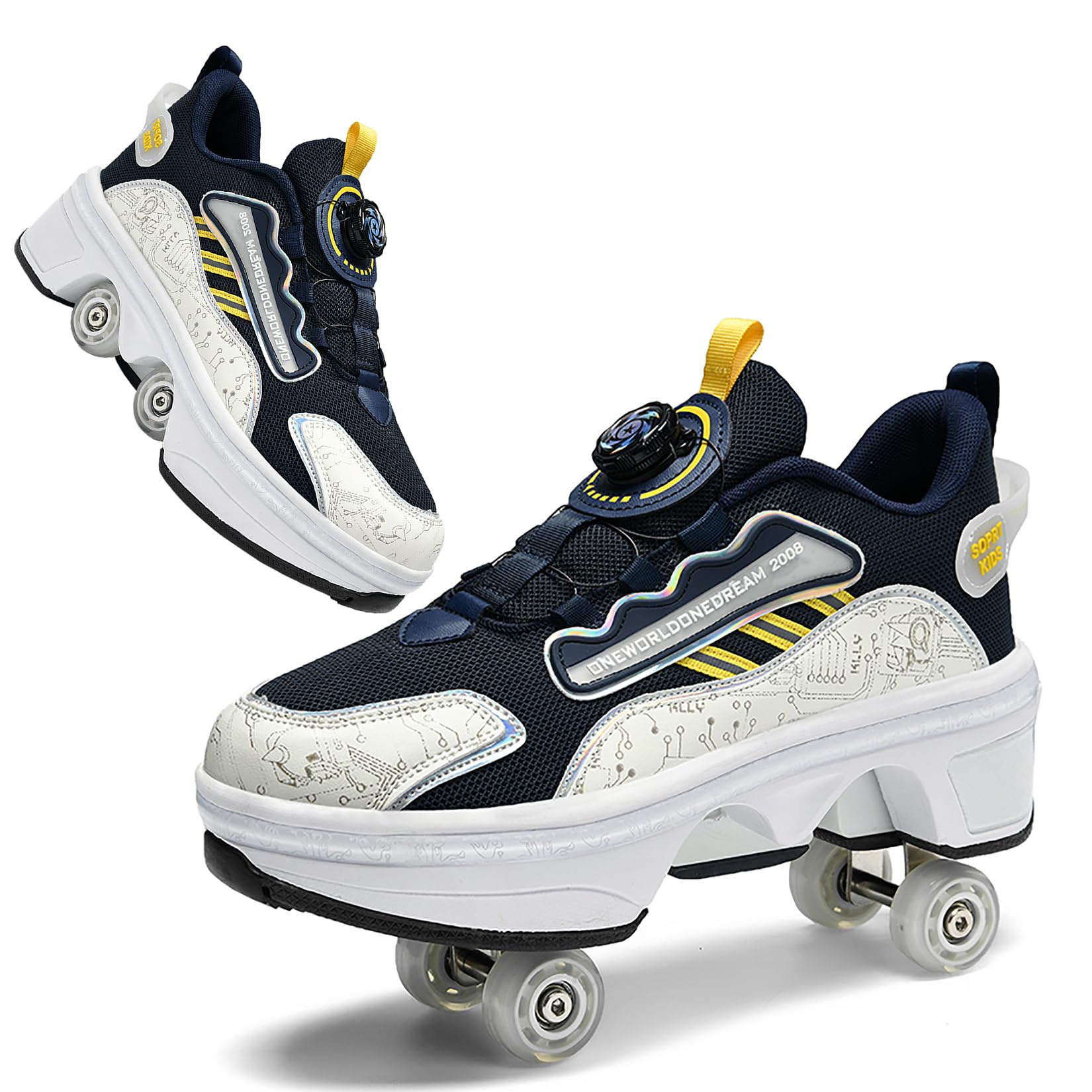 2 in 1 Deformation Roller Shoes, Roller Skate Shoes Outdoor with Detachable Brake Removable Pulley Skates Sneakers Skating Parkour with Wheels for Girls Boys